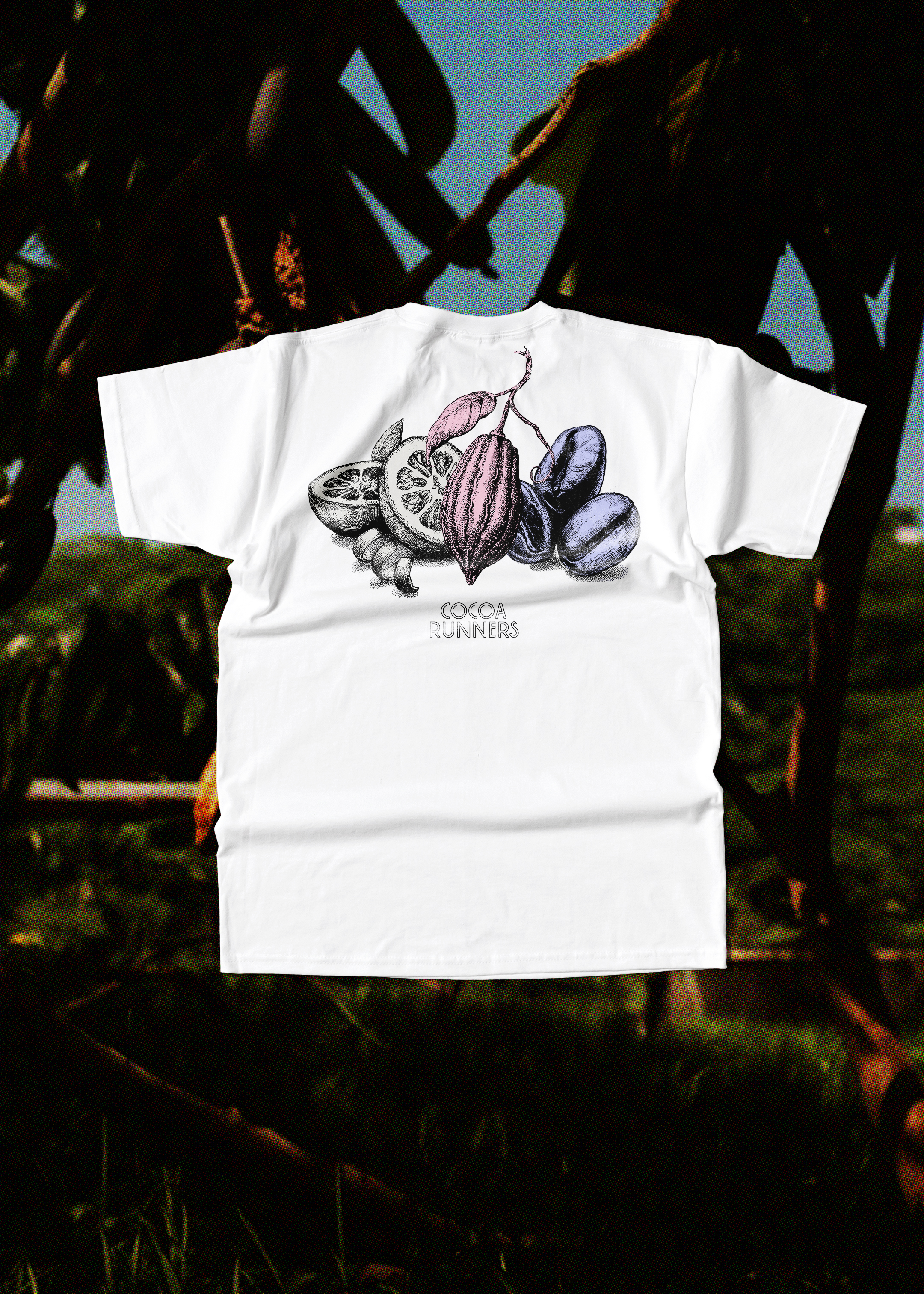 Back of a white t-shirt, showing a black outline illustration and Cocoa Runners logo