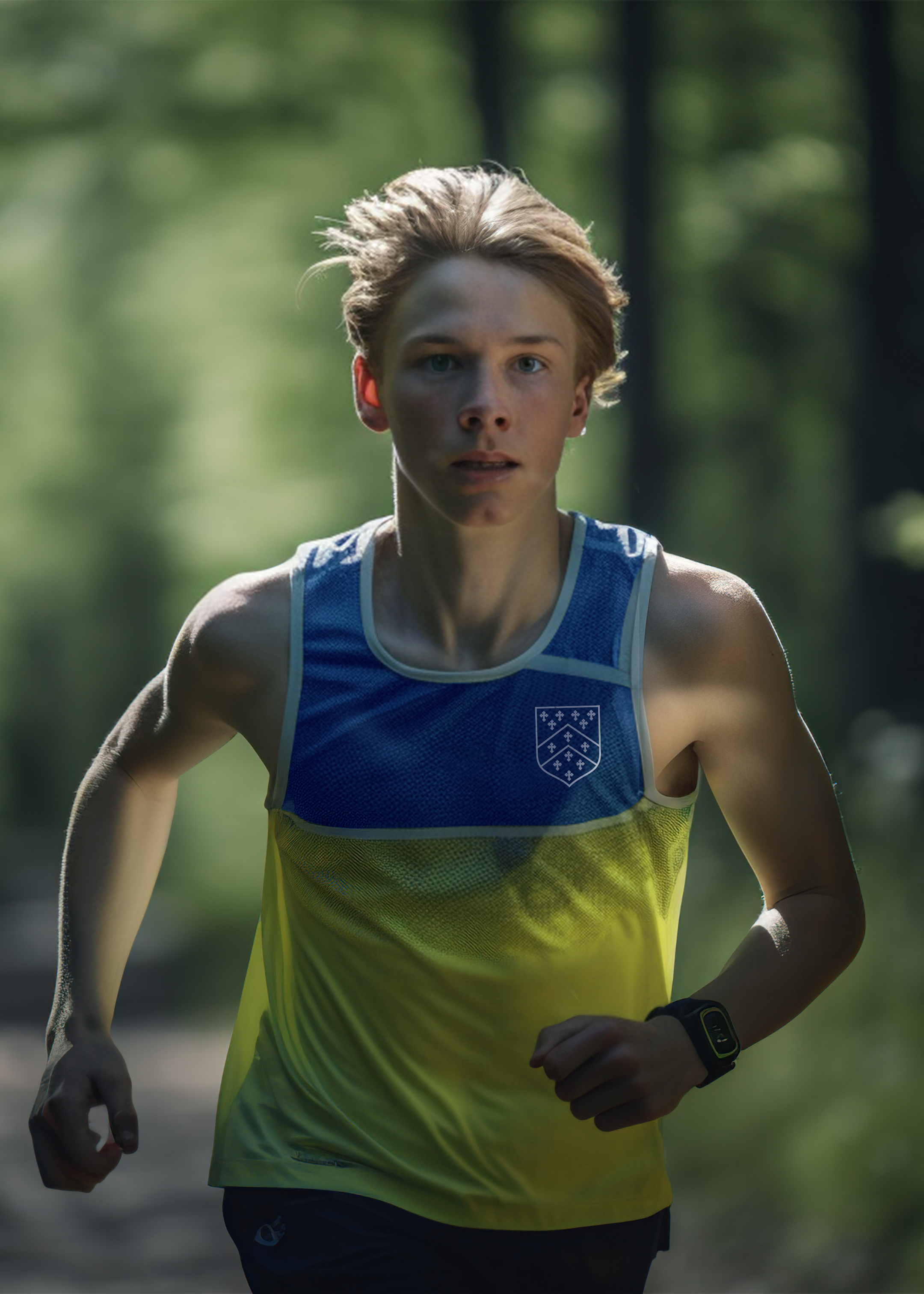 Teenage male in a yellow and blue running vest, running through the forest.
