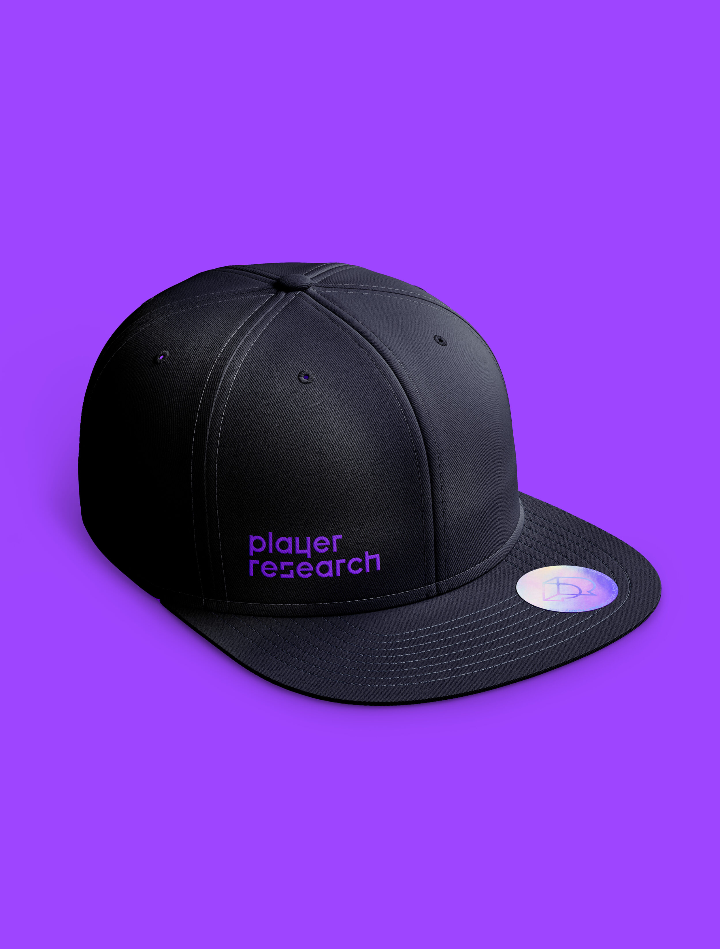 Player Research cap, with a purple logo on a dark blue cap