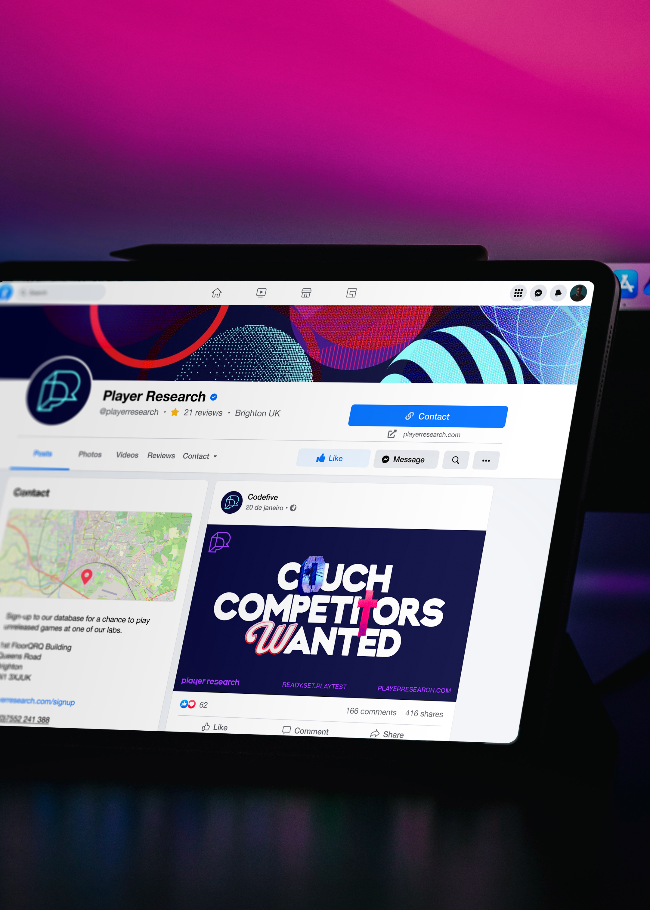 Playtester recruitment advert on their Facebook feed, shown on a laptop