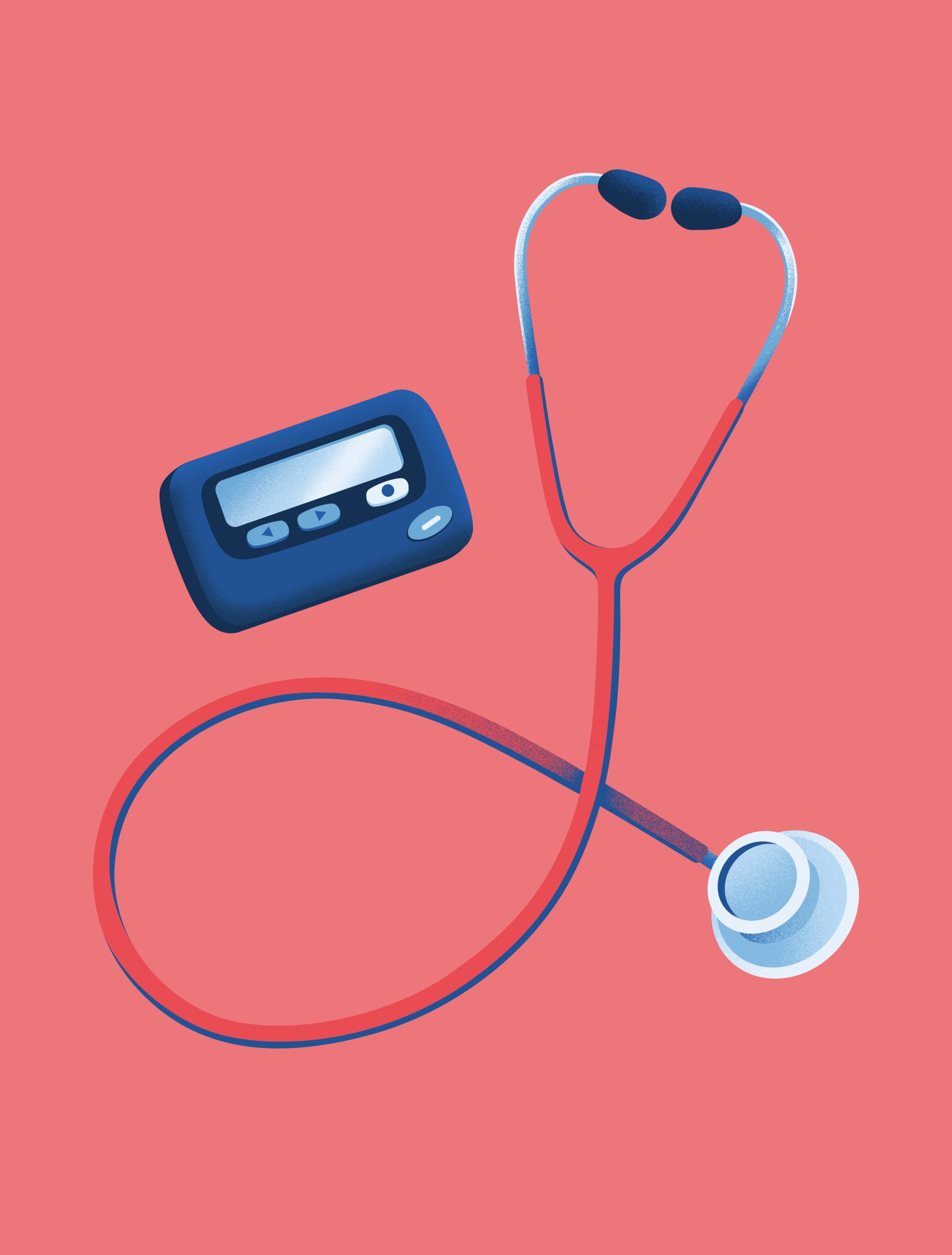 Illustration of medical equipment, including a stethoscope and pager