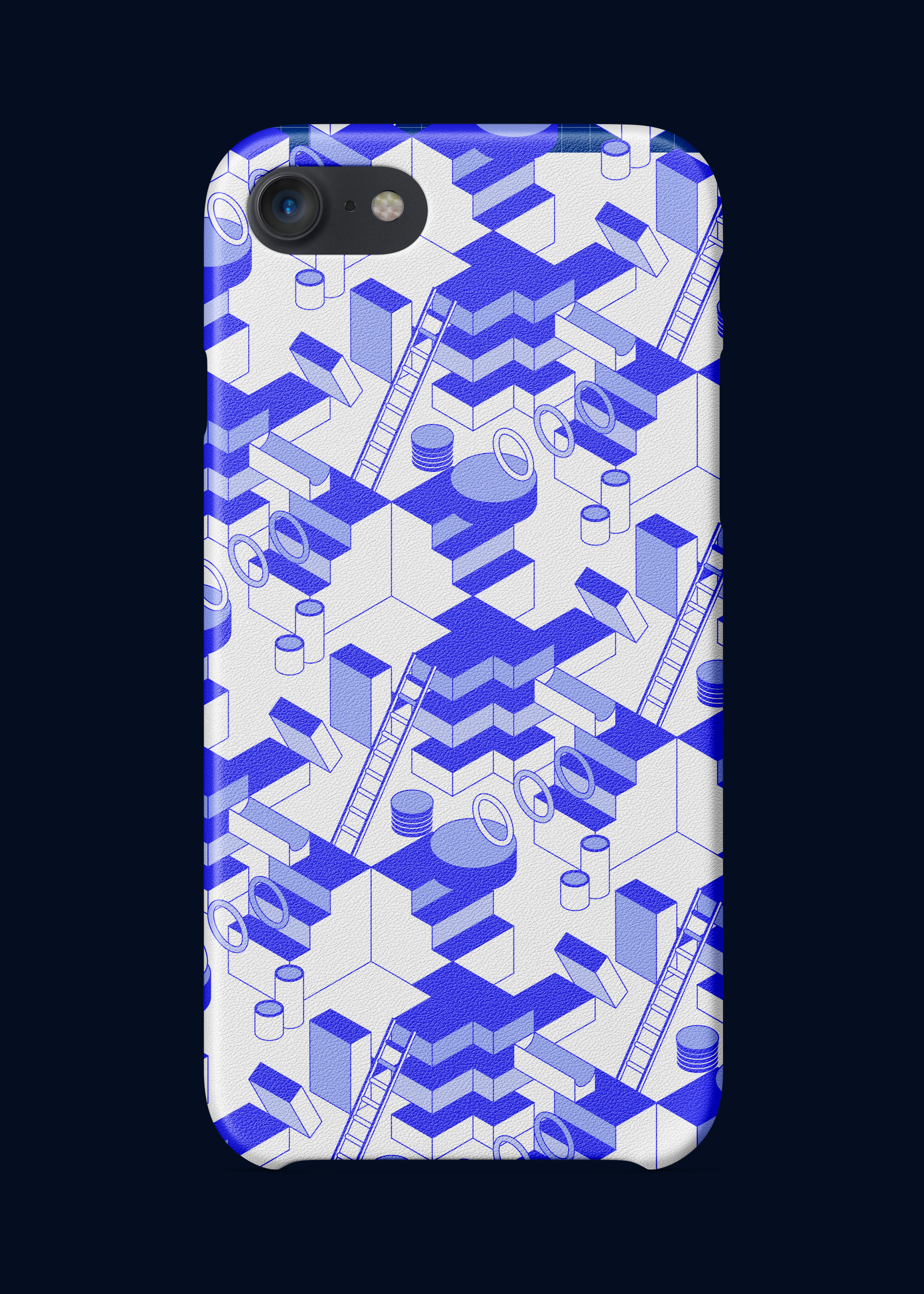 A sleek iPhone case design, showing a repeated section of Loft's new graphic assets, deep and electric purple on white