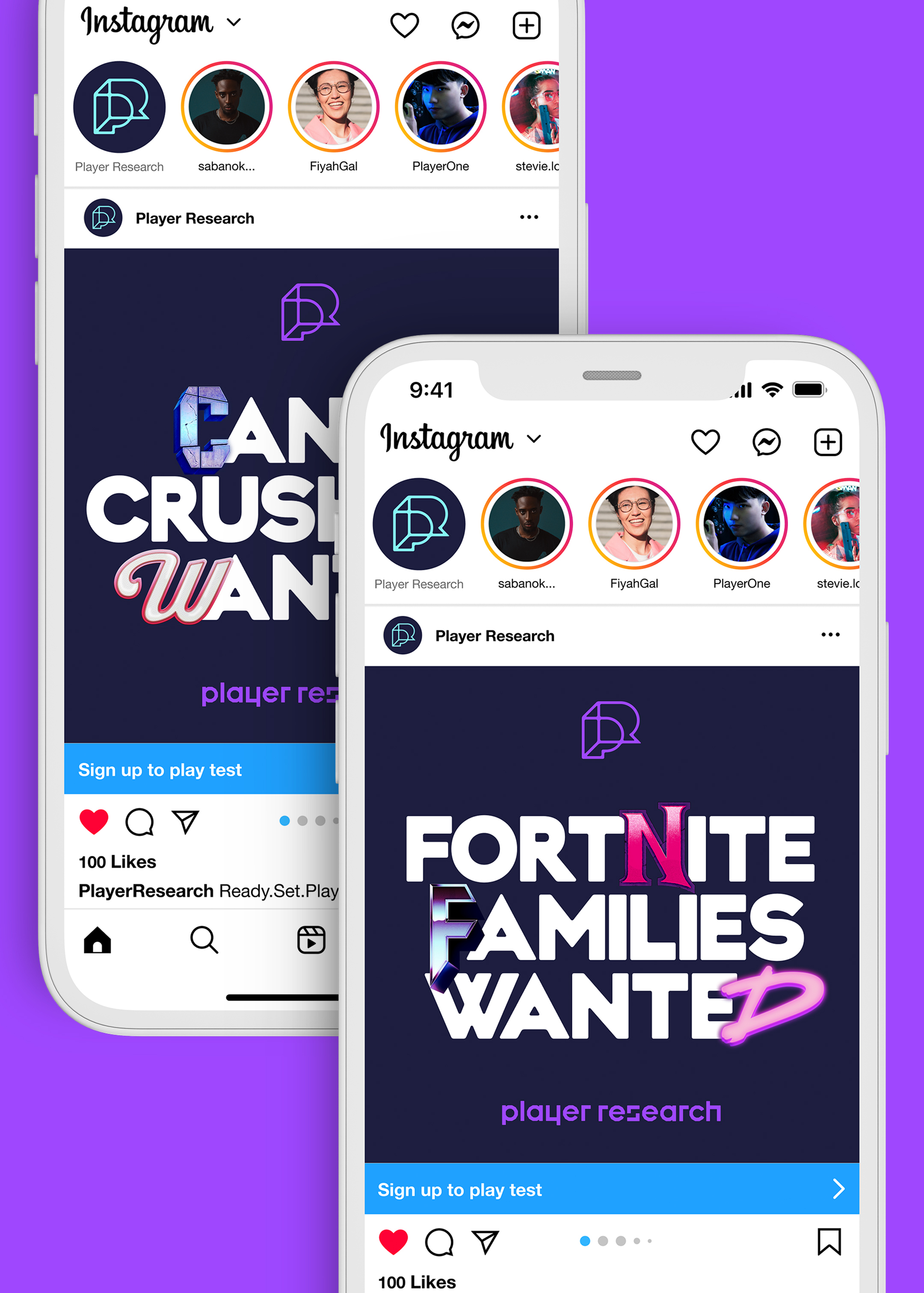 Playtester recruitment visuals on their Instagram feed, shown on a two mobile phones