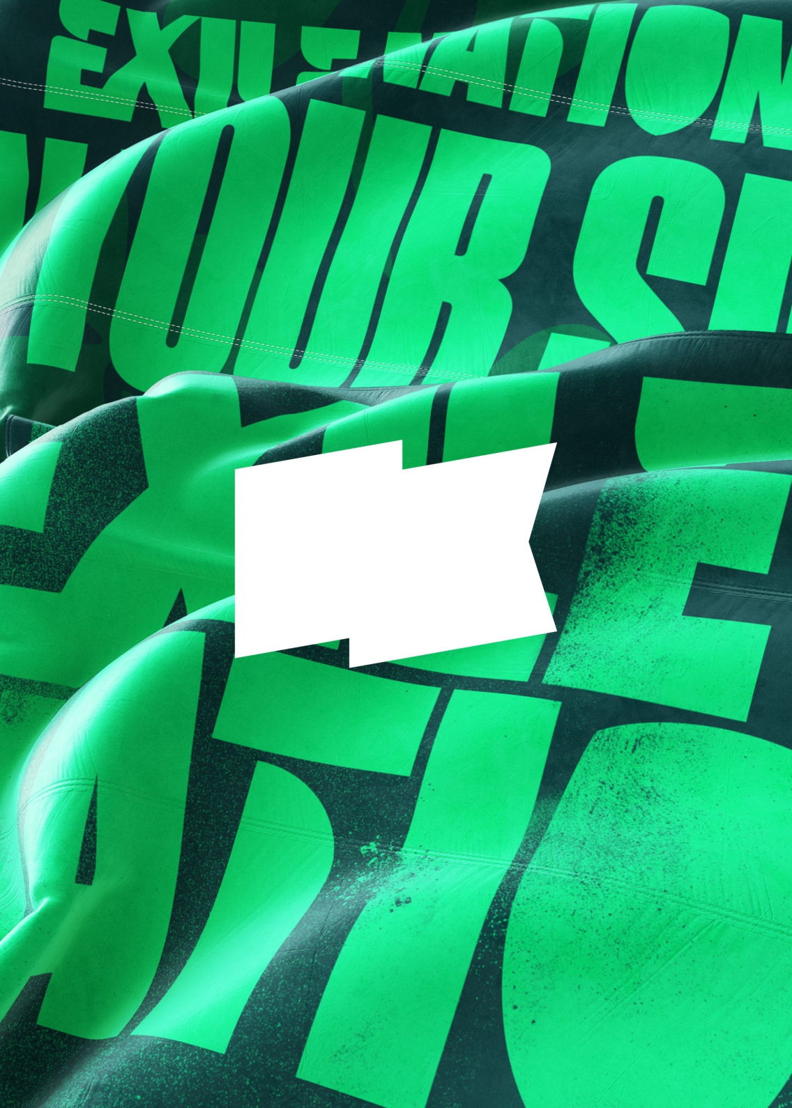 A rippling dark-green flag with neon green text in branded faded font and London Irish’s characteristic flag logo overlayed in white