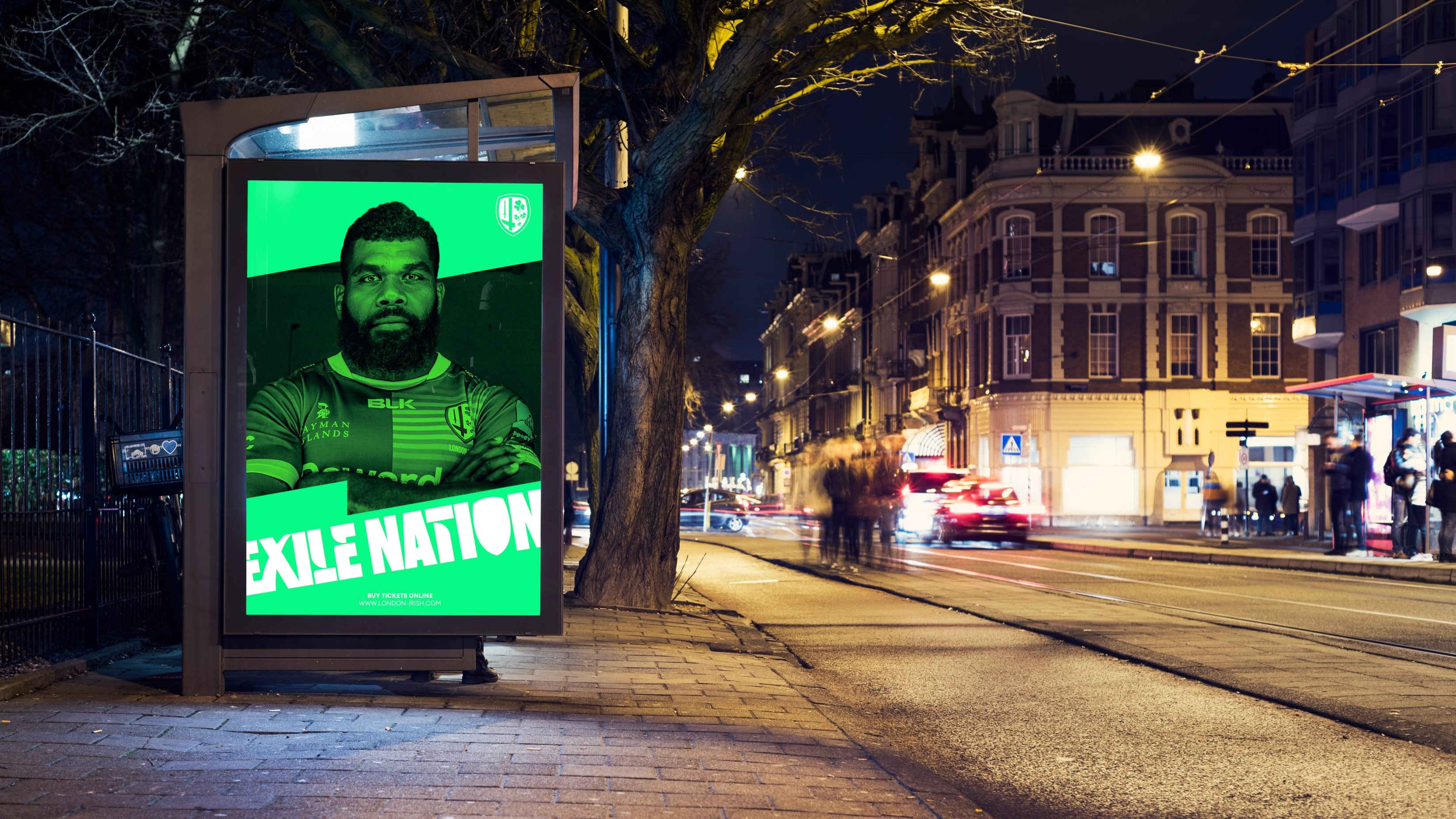 Another mockup for the London Irish Exile Nation brand campaign, showing a poster on a bust stop billboard