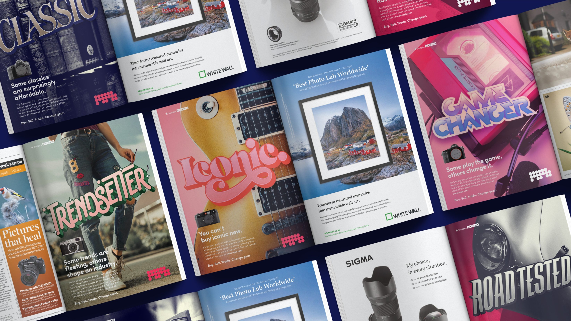 A selection of open-book single-page MPB branding. The adverts are colourful and punchy with a slight vintage feel to the typography.
