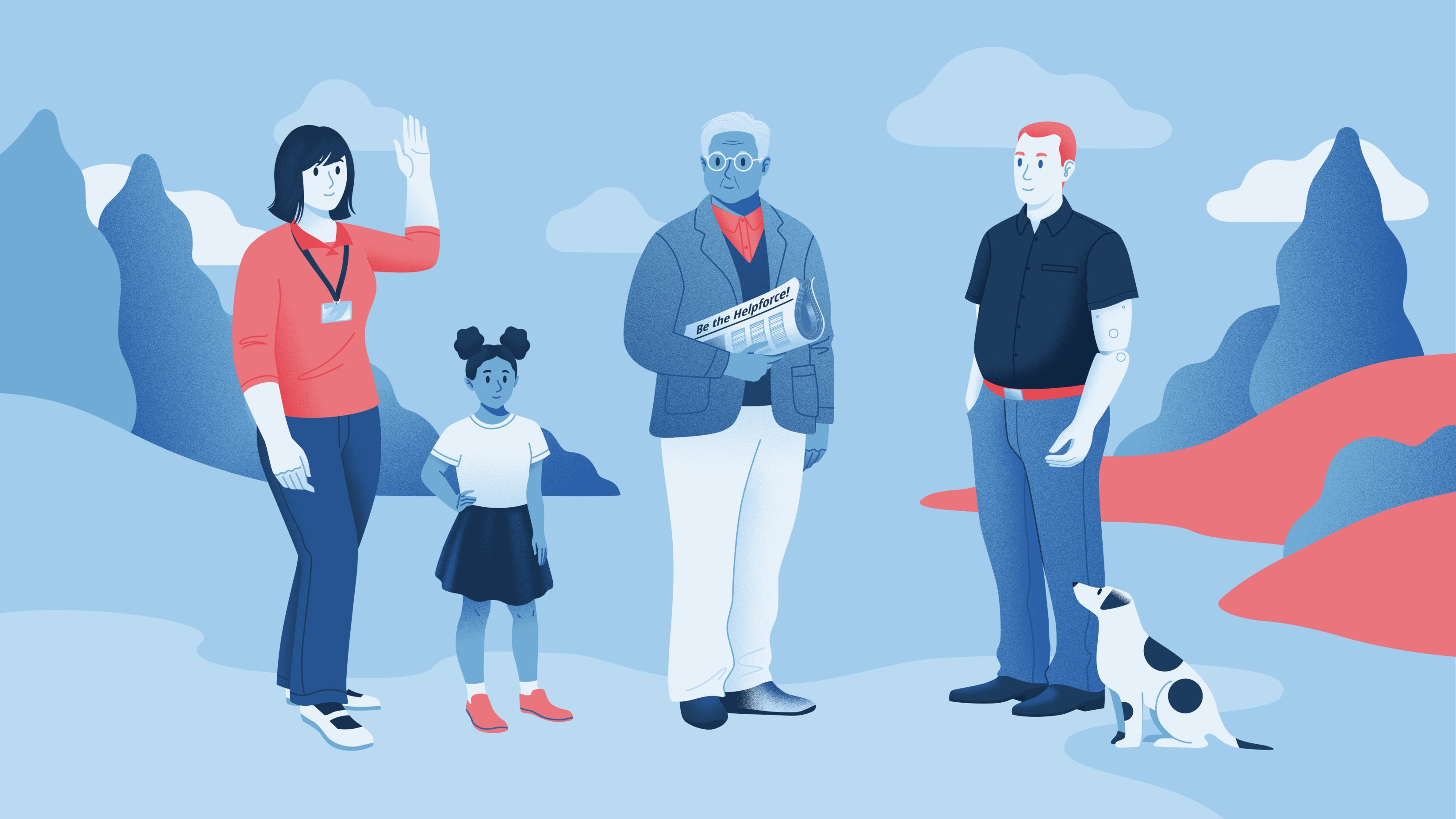 Illustration of four people supporting each other, with trees and clouds in the background