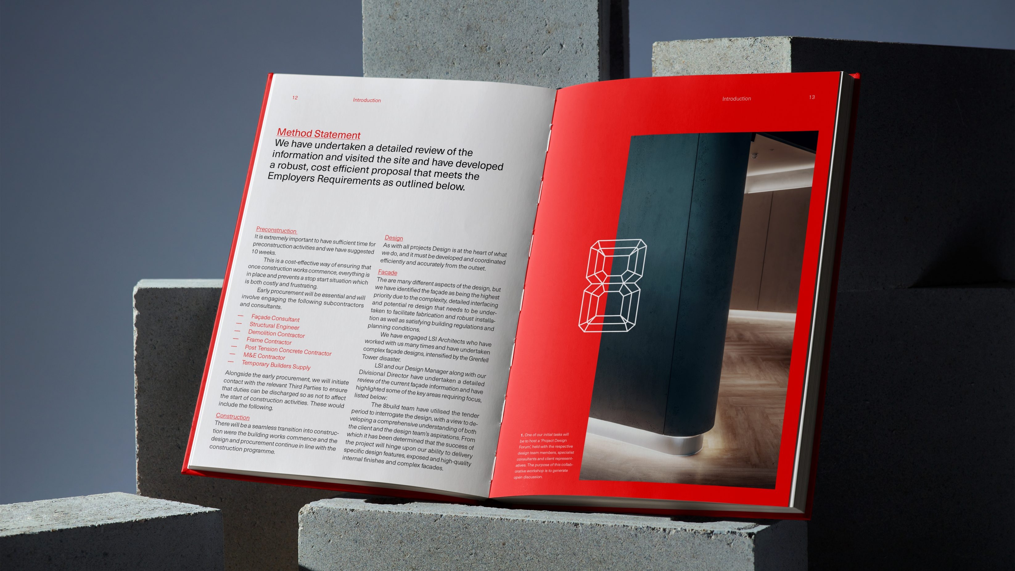 Proposal document spread, resting on breeze blocks