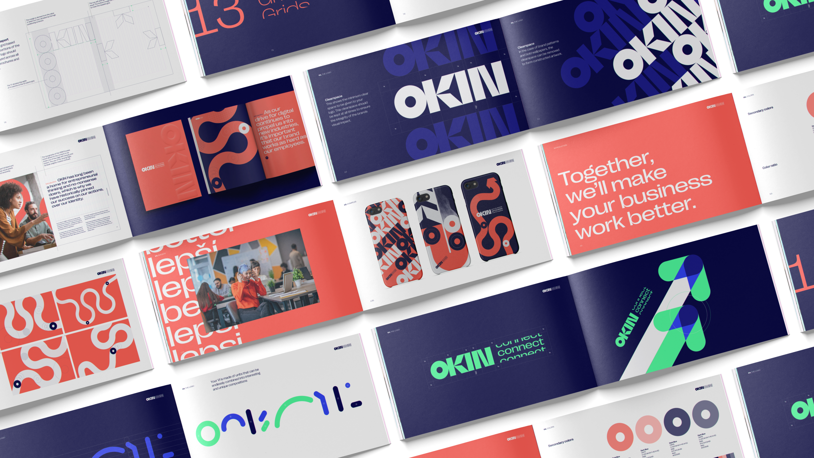 A section of double-sided spreads on multiple landscape orientated books all showcasing the brand work, colour scheme and visual assets for OKIN Process