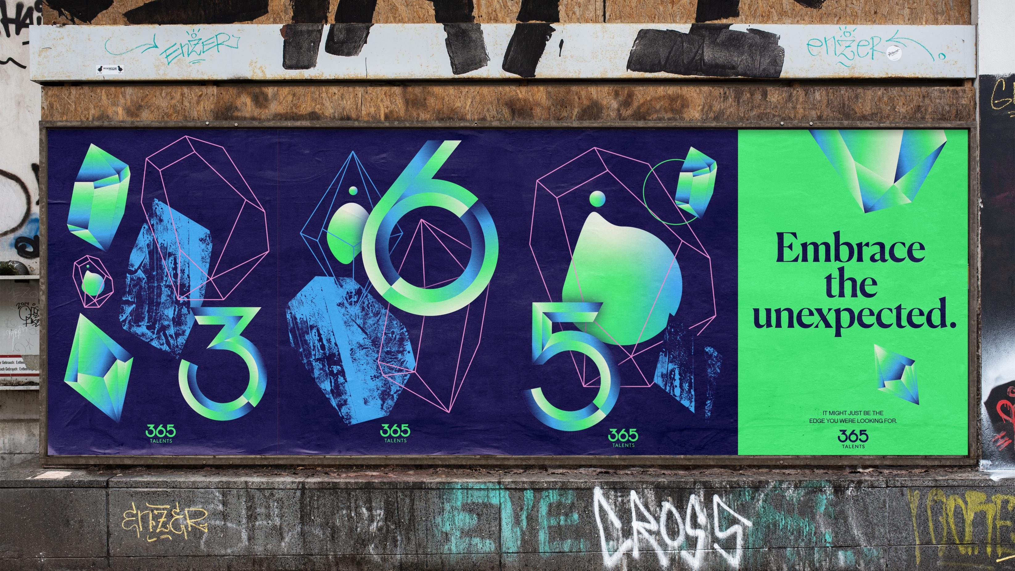 An artistic billboard conceptualisation implying the idea of 365Talent's ability to see an individual's hidden potential alongside the message 'Embrace the unexpected'.