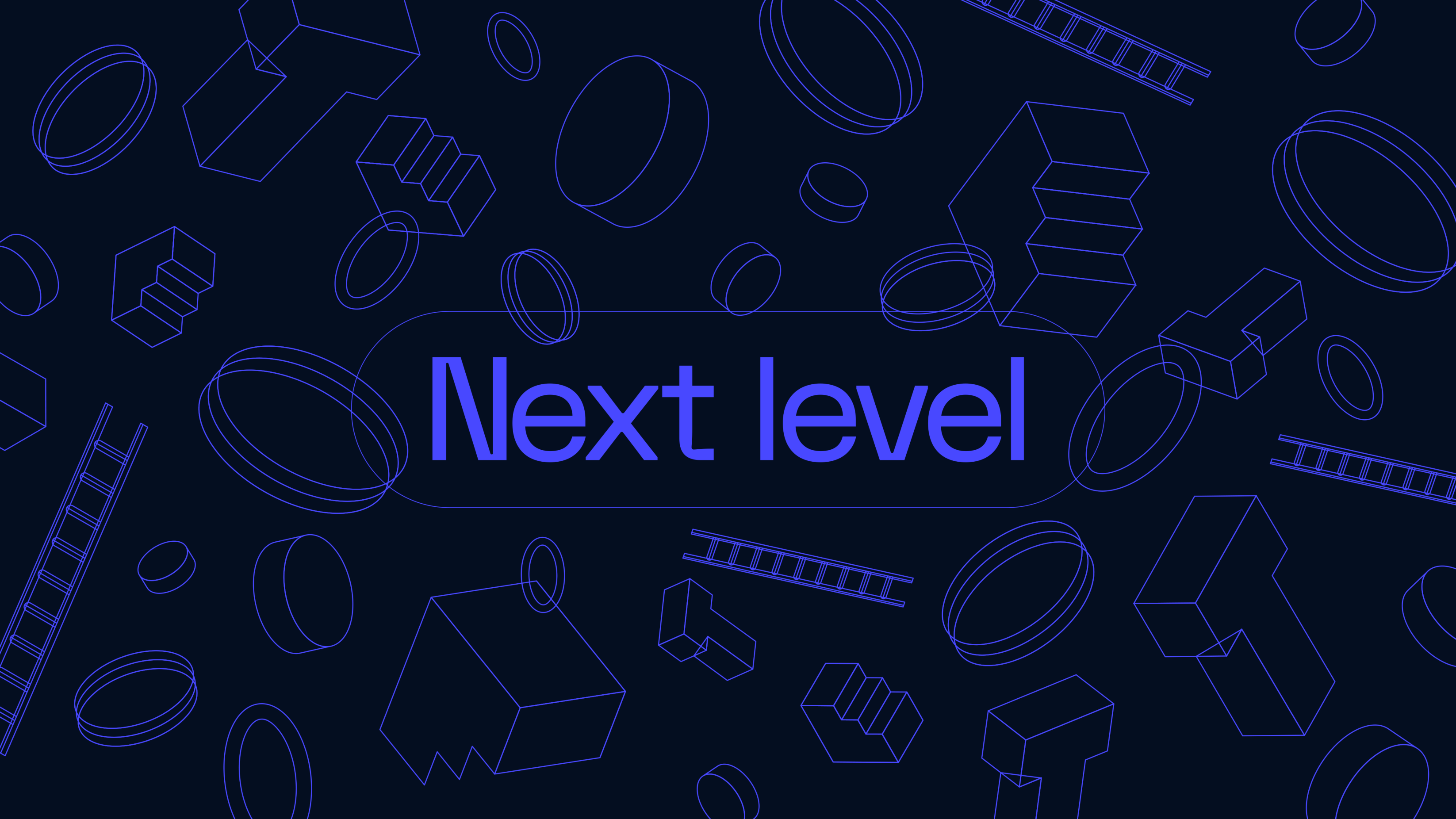 Graphic outlined, 3D shapes, irregularly placed on white background, with the word Next Level in the middle.