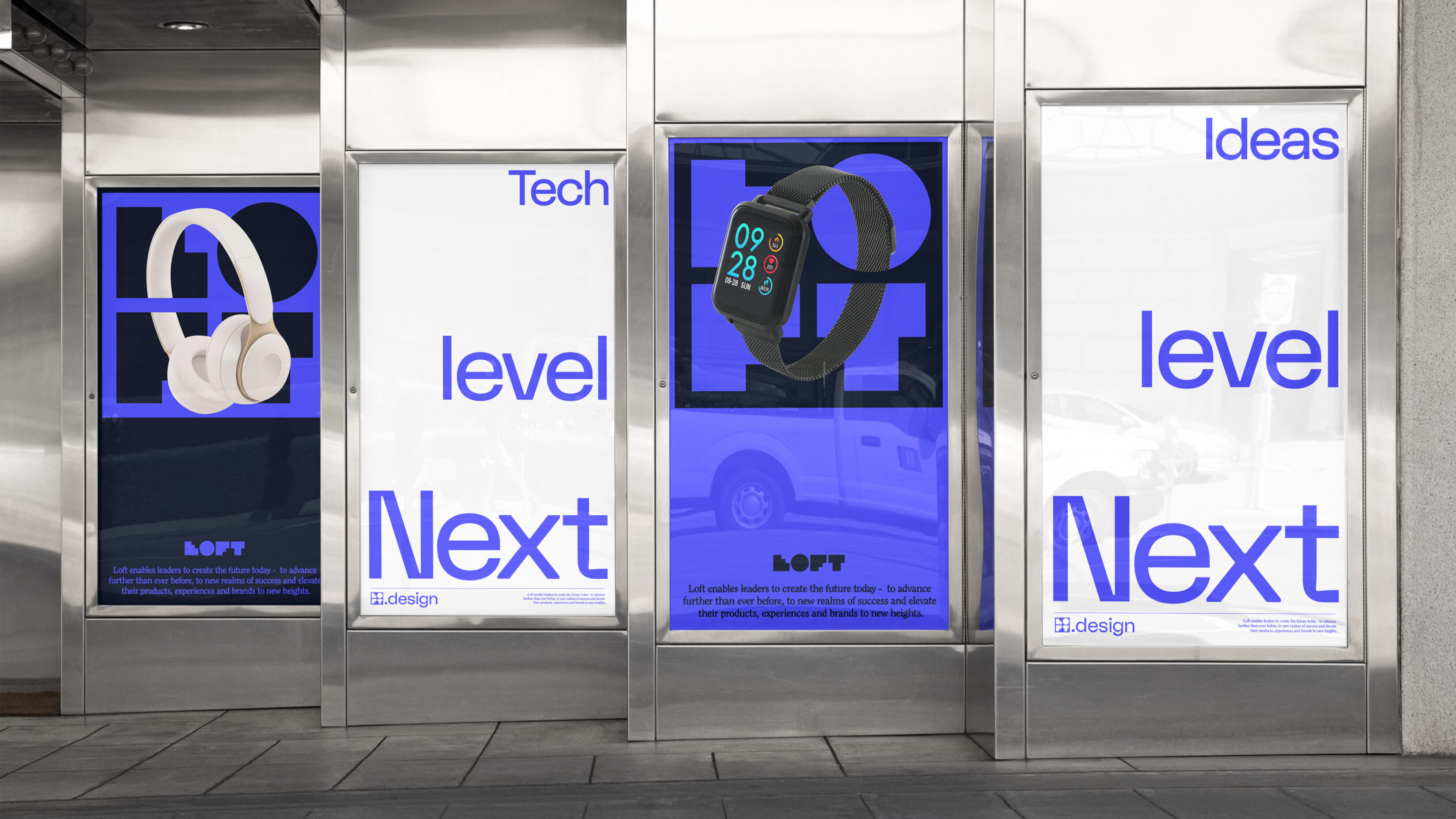 Four posters showcasing technology among the backdrop of Loft's new logo. Next level tech. Next level ideas.
