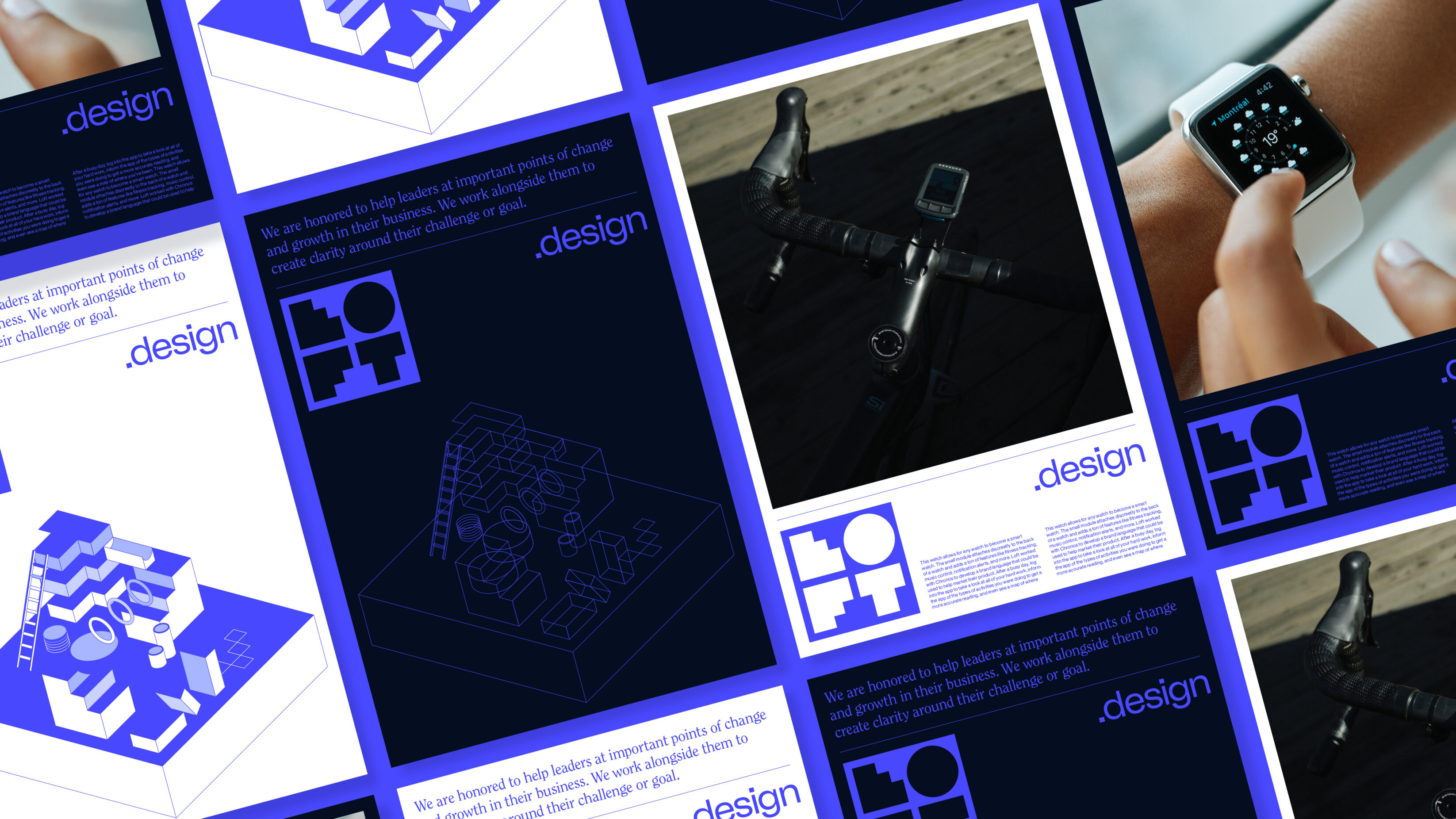 Case study mockups in deep, electric colours. All A4 sheets and all with the new Loft logo. A4 sheets