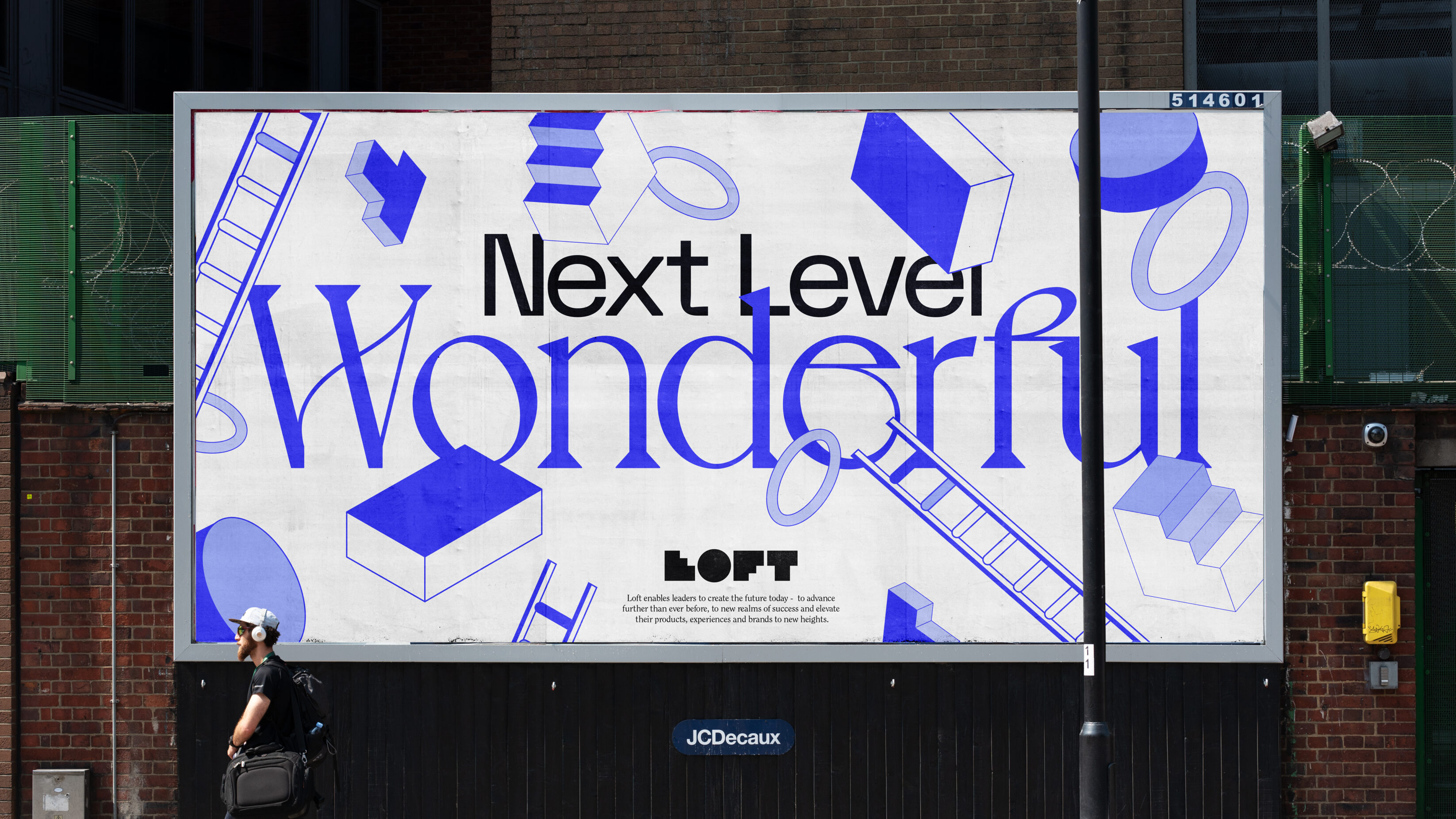 Next Level Wonderful billboard design, branded graphics and the last word's cursive font adds a playful touch.