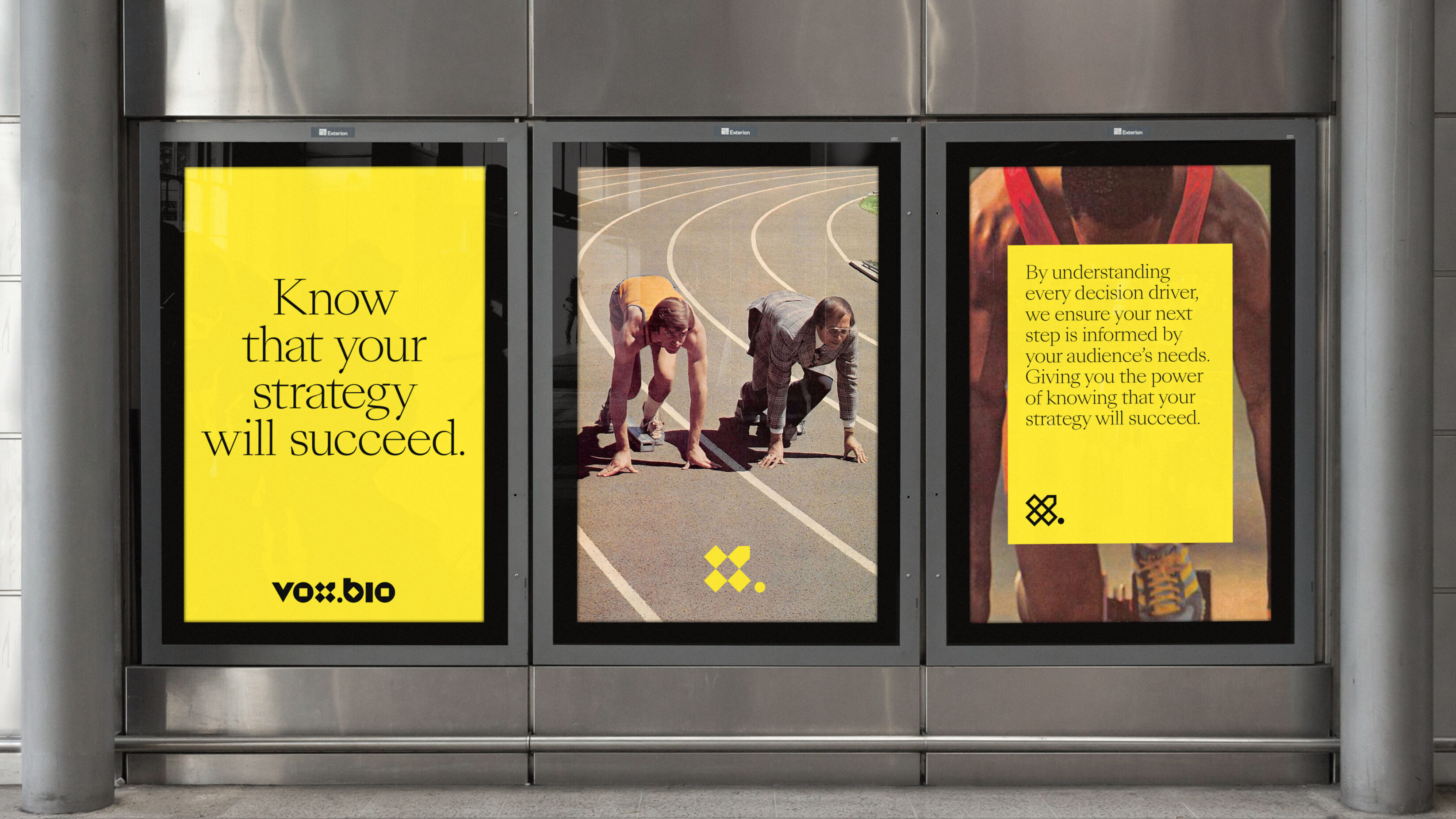 Three portrait posters. The middle is a photograph of a man in athletic wear next to a man in sunglasses and a suit. Both are at the starting line poised for a sprint race. By understanding every decision driver, we ensure your next step is informed by your audience’s needs. Giving you the power of knowing that your strategy will succeed.