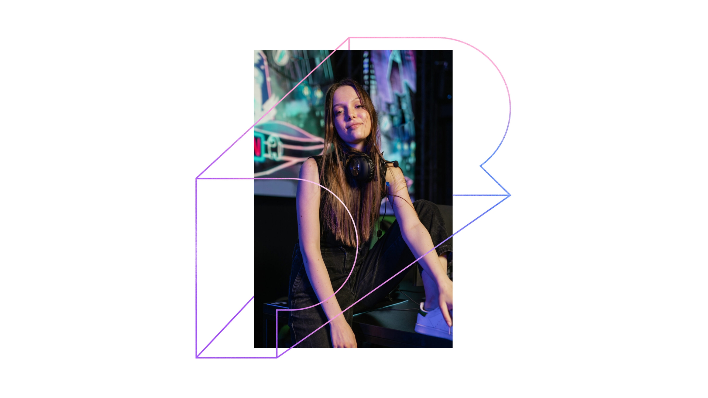Image of female wearing headphones under player research monogram
