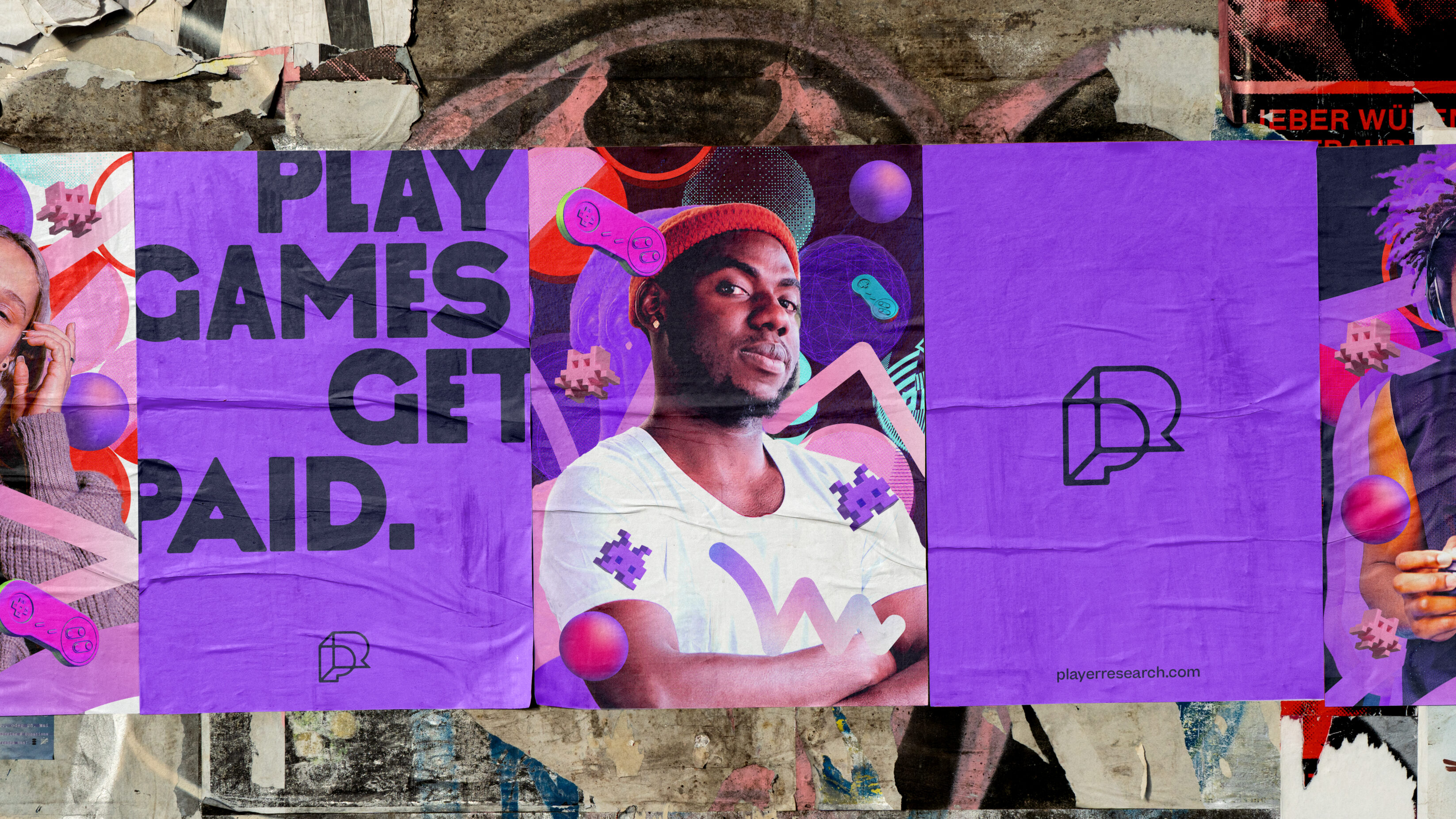 player research paste up posters on grungey wall