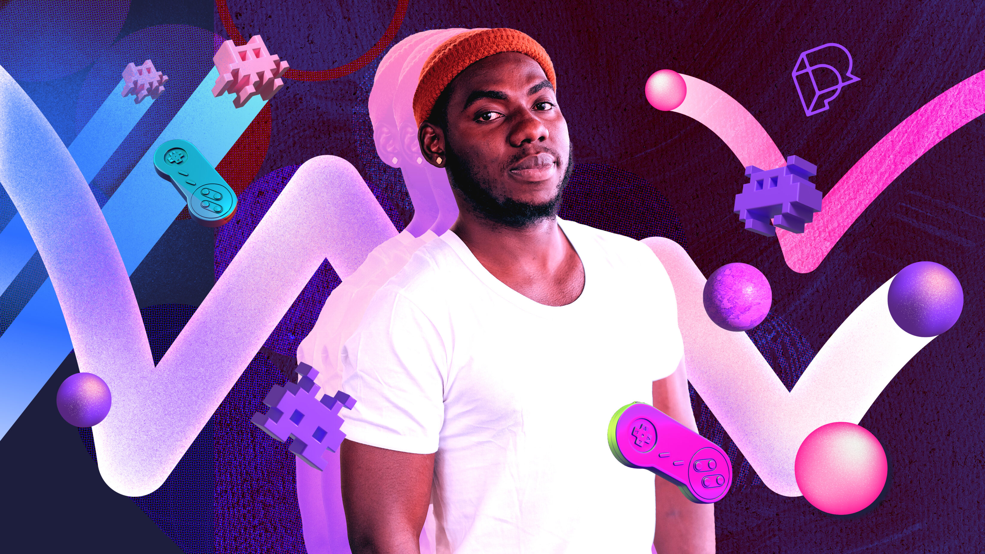 male in hat and t-shirt surrounded by game graphics