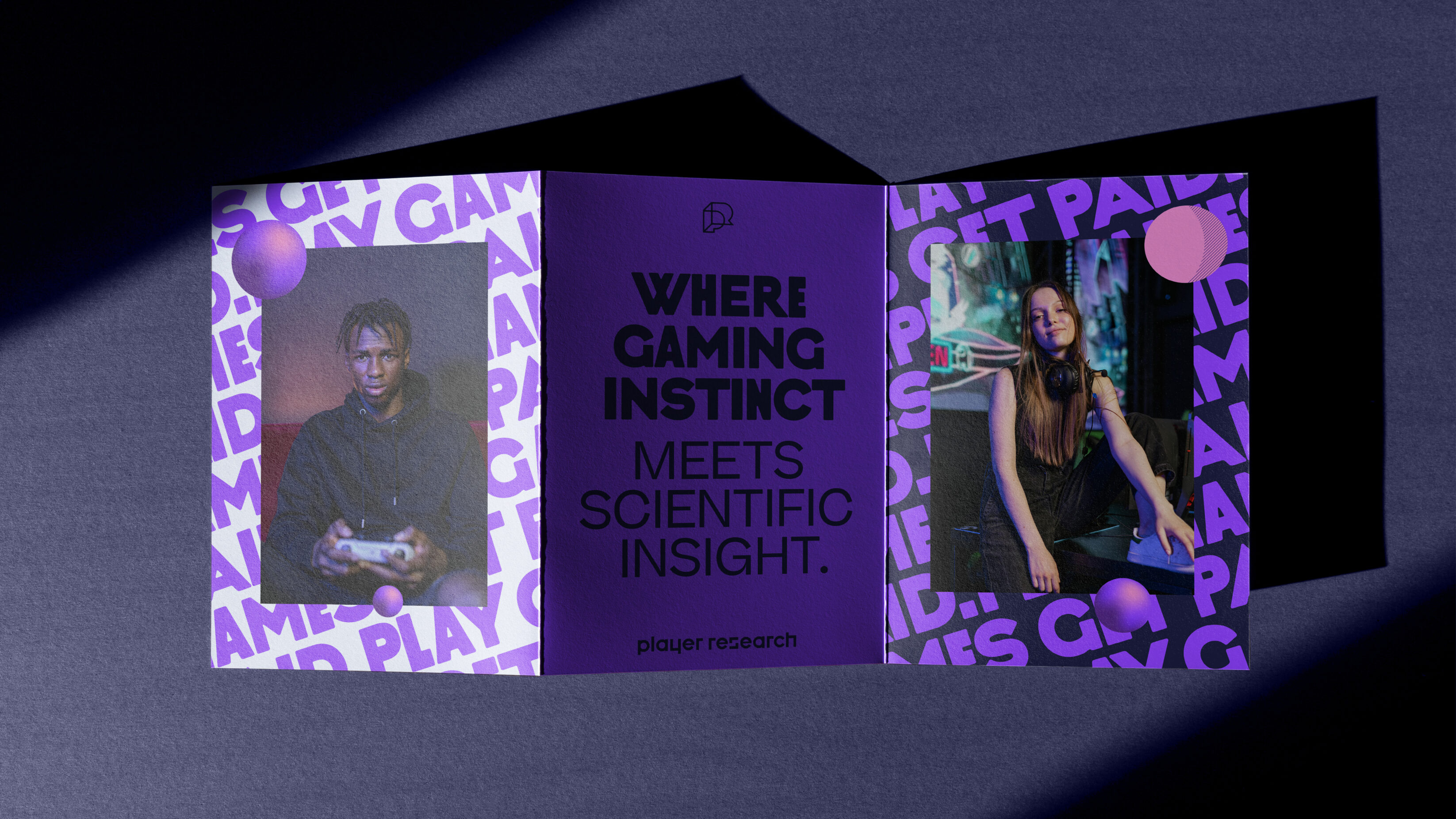 player research trifold leaflet on purple background