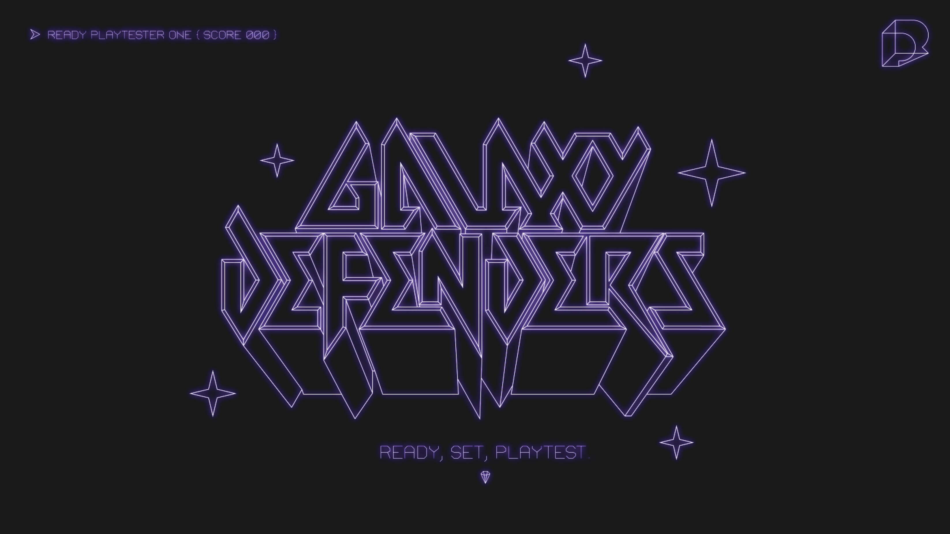 Galaxy Defenders game screen, with outlined purple text on a black background