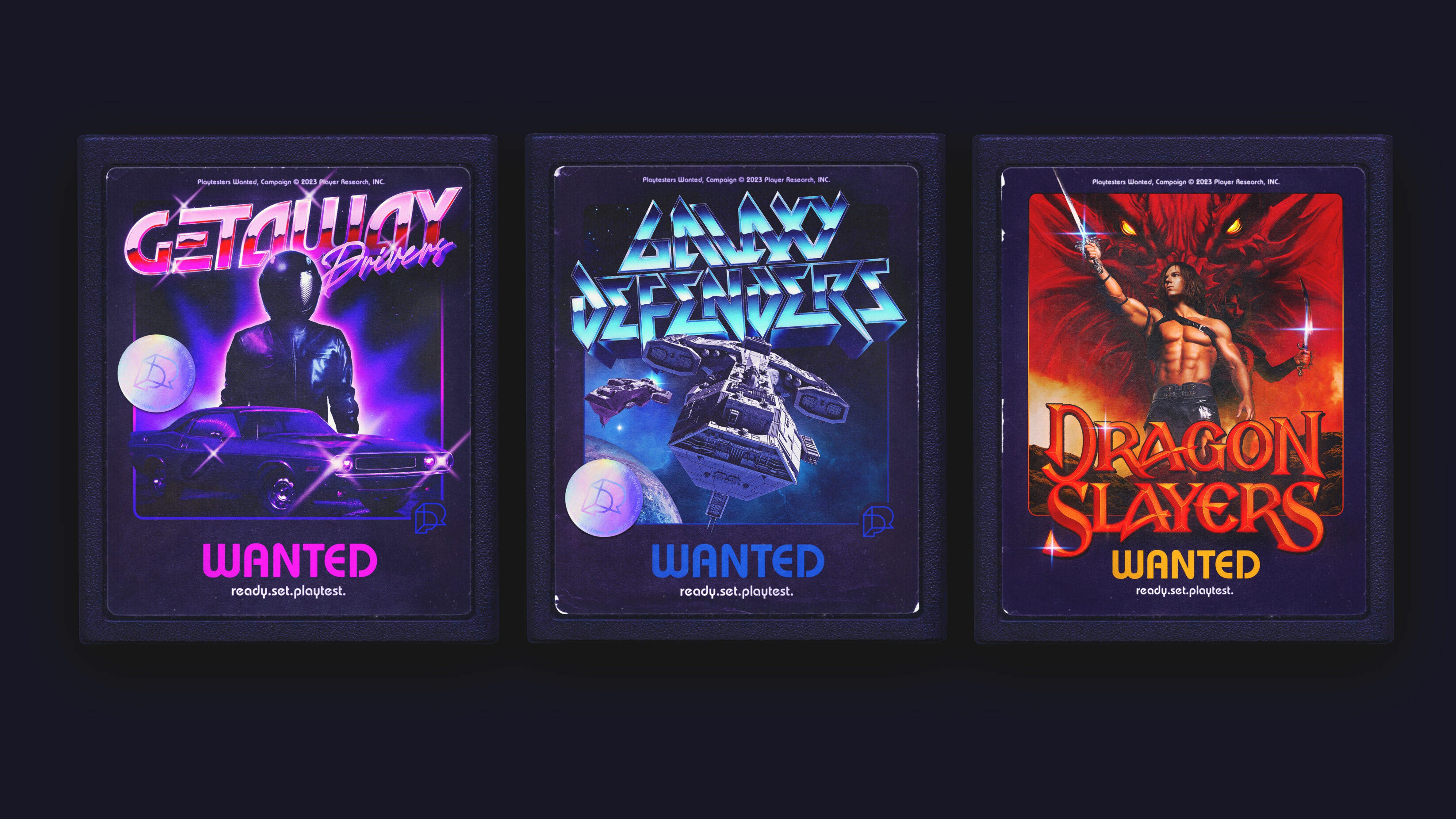 Three campaign visuals, each on an old school cassette cartridge