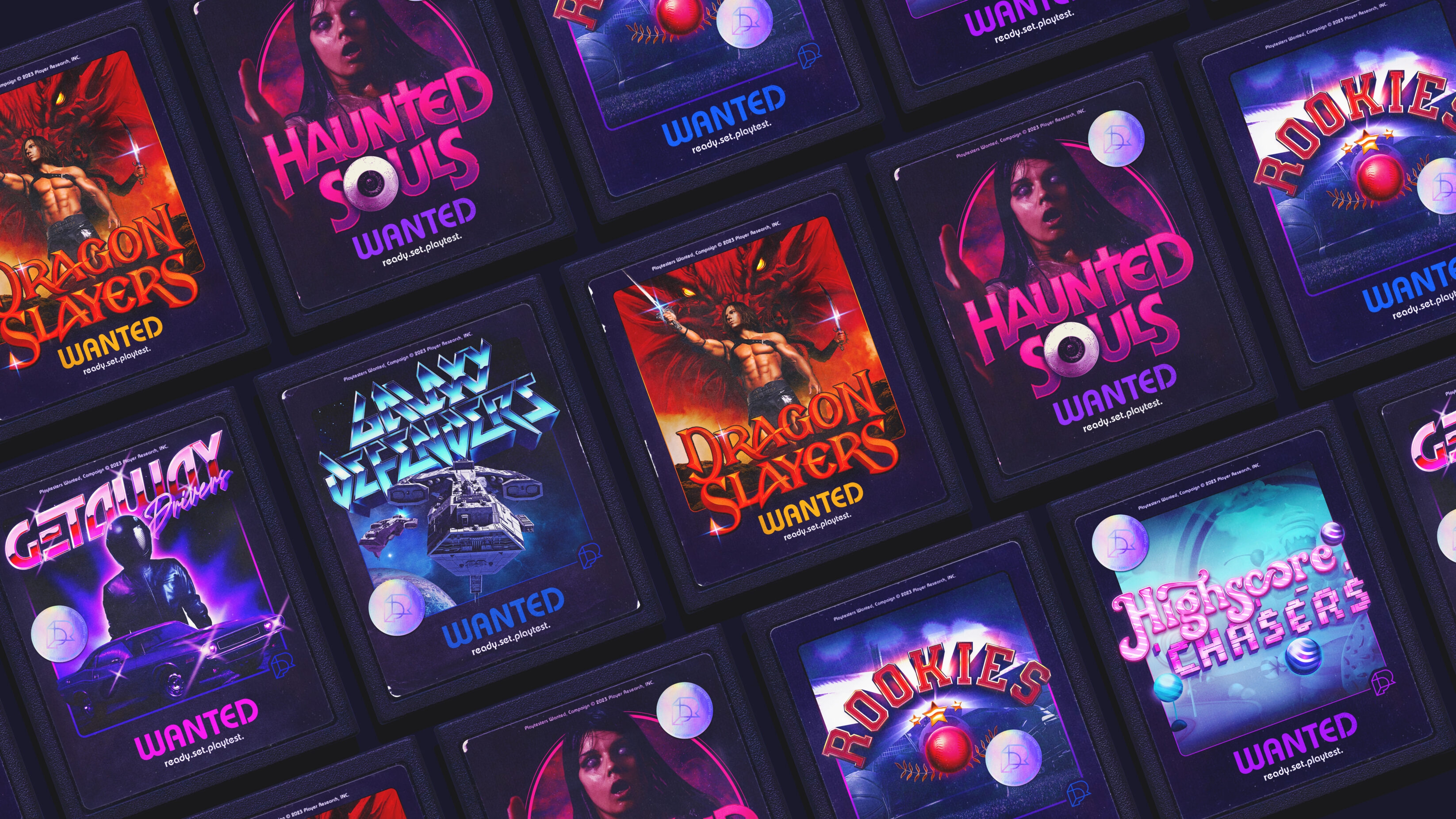 Playtester campaign visuals on multiple old school cassette cartridges