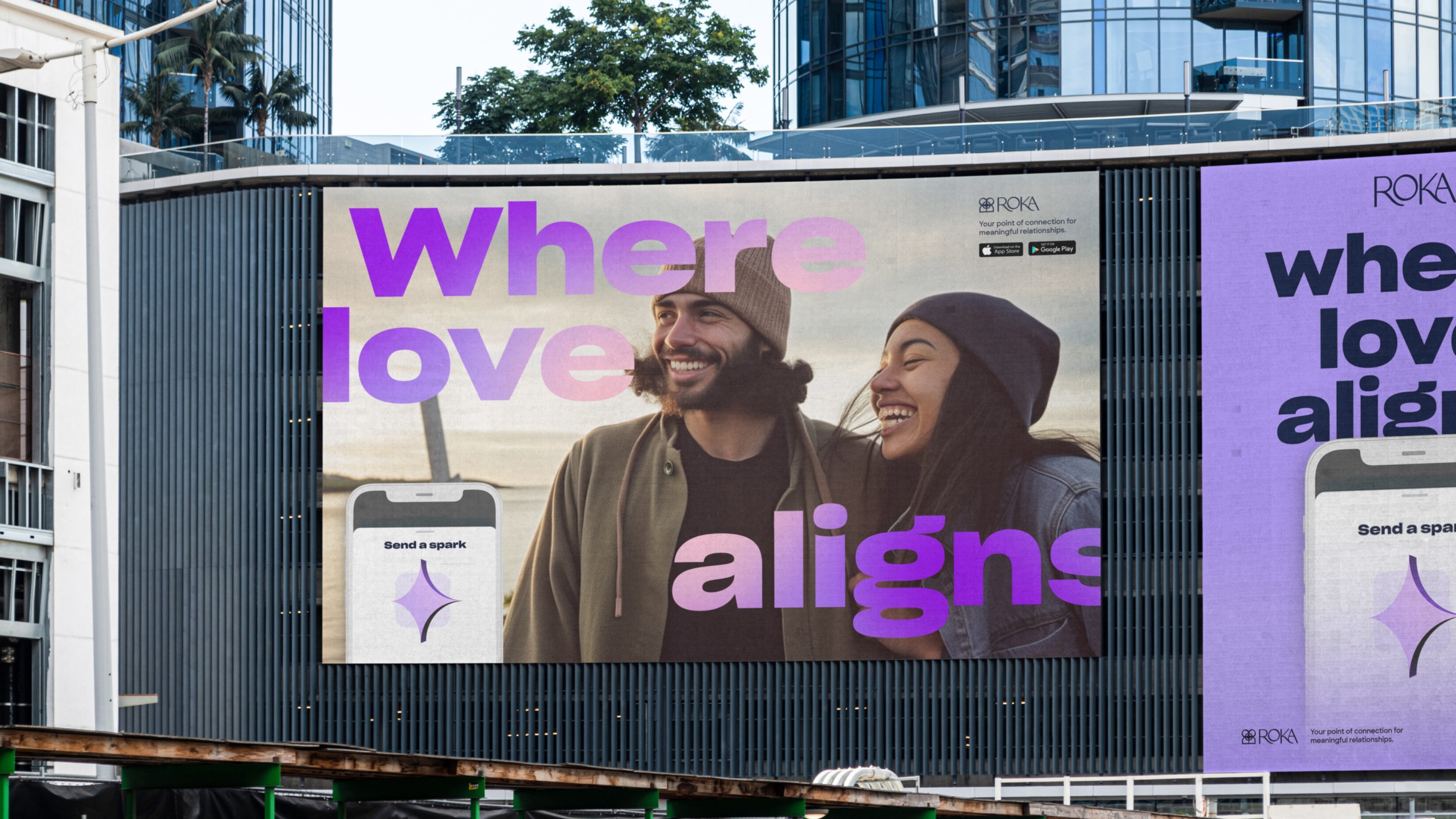 5 poster set using the brand icon and strapline, on an outdoor billboard