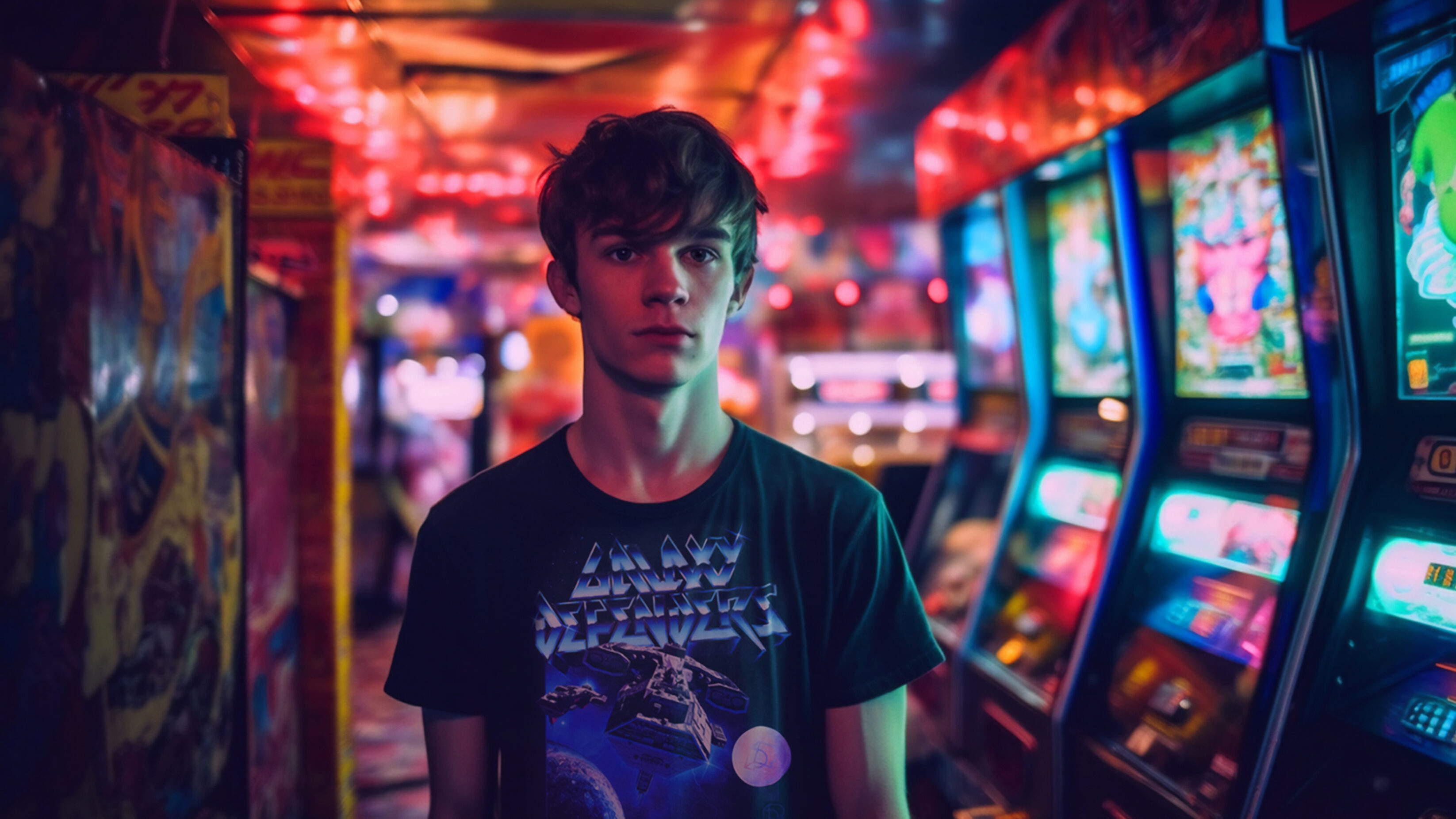 Teenage boy in an video game arcade, wearing a Galaxy Defender t-shirt