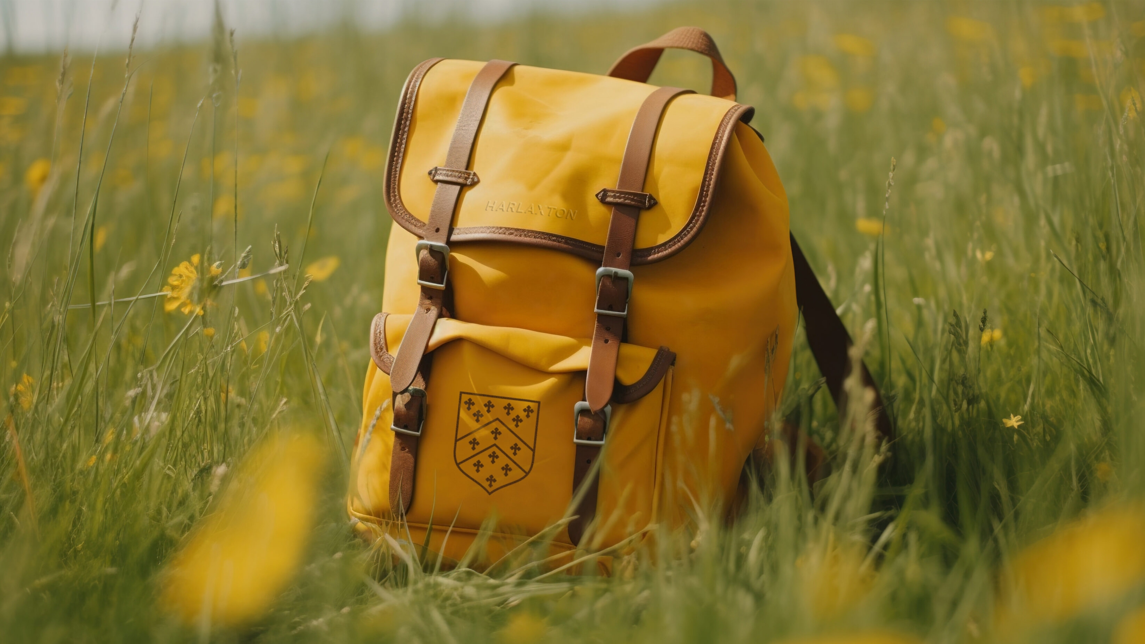 Yellow rucksack with Harlaxton logo on the pocket, in a field with yellow flowers