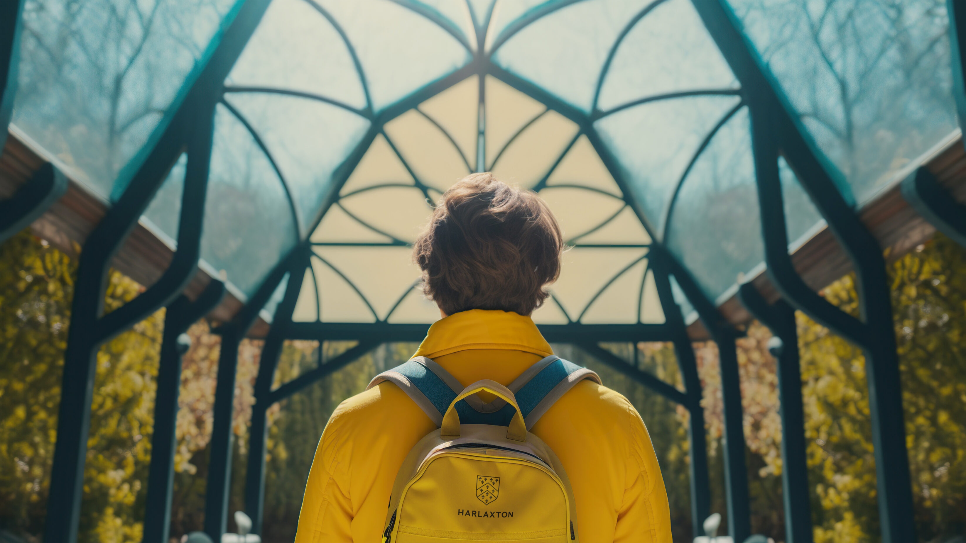 A young male with a branded yellow rucksack, looking out of a greenhouse at the College.