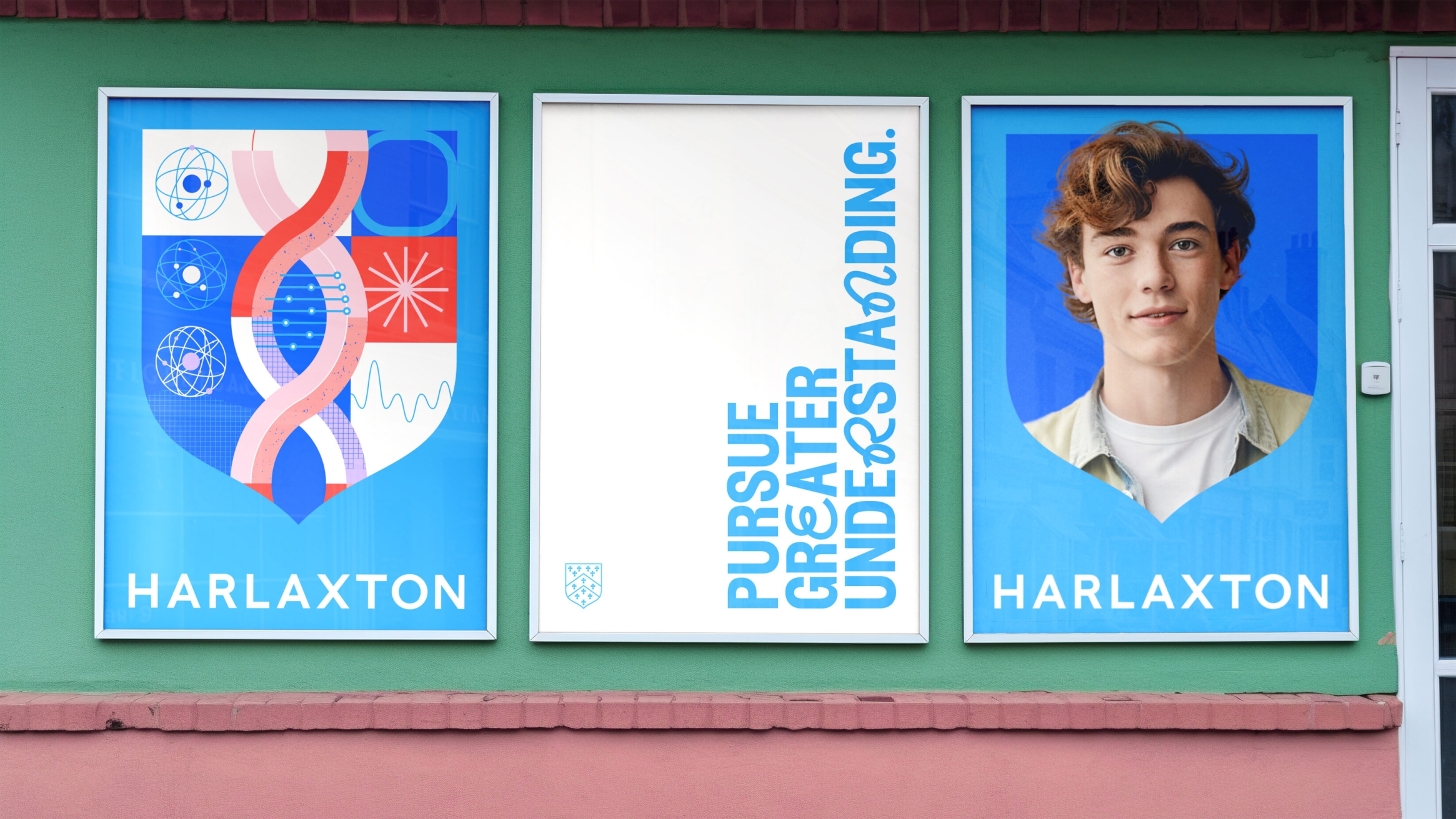 Three blue coloured posters in frames, using a mixture of creative type, a shield and an image of a young male.
