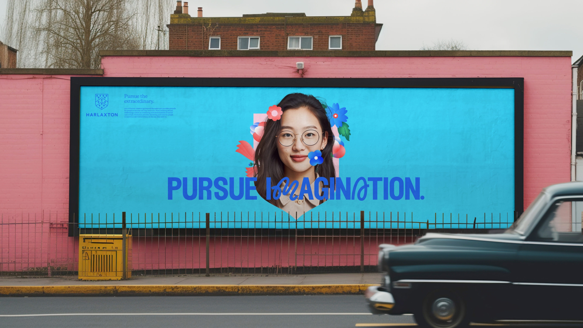 Young Asian female protruding out of a shield, covered in flowers, with the words Pursue Imagination included large over the top.