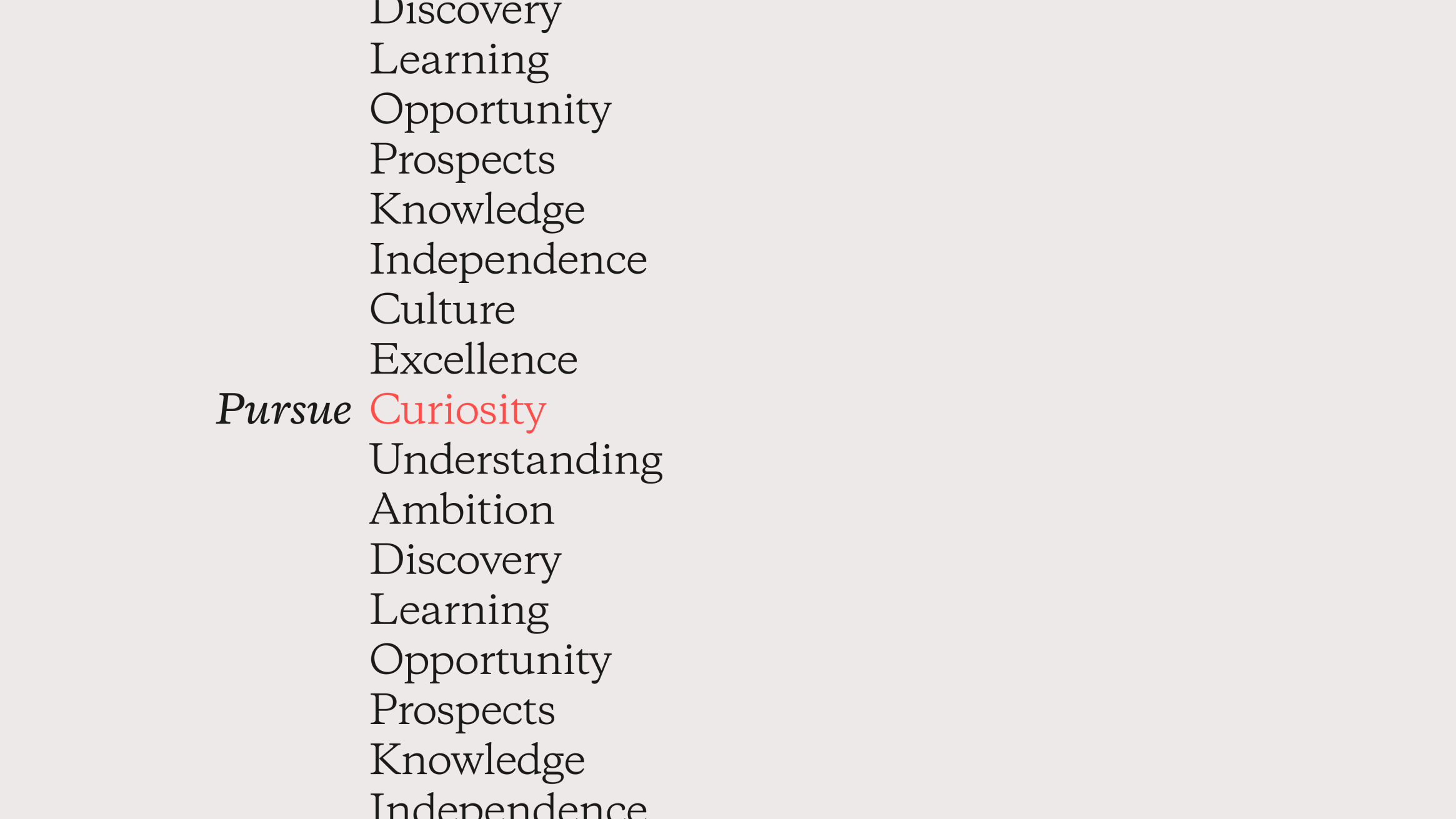 Pursue Curiosity type layout, along with other brand 'Pursue' words.