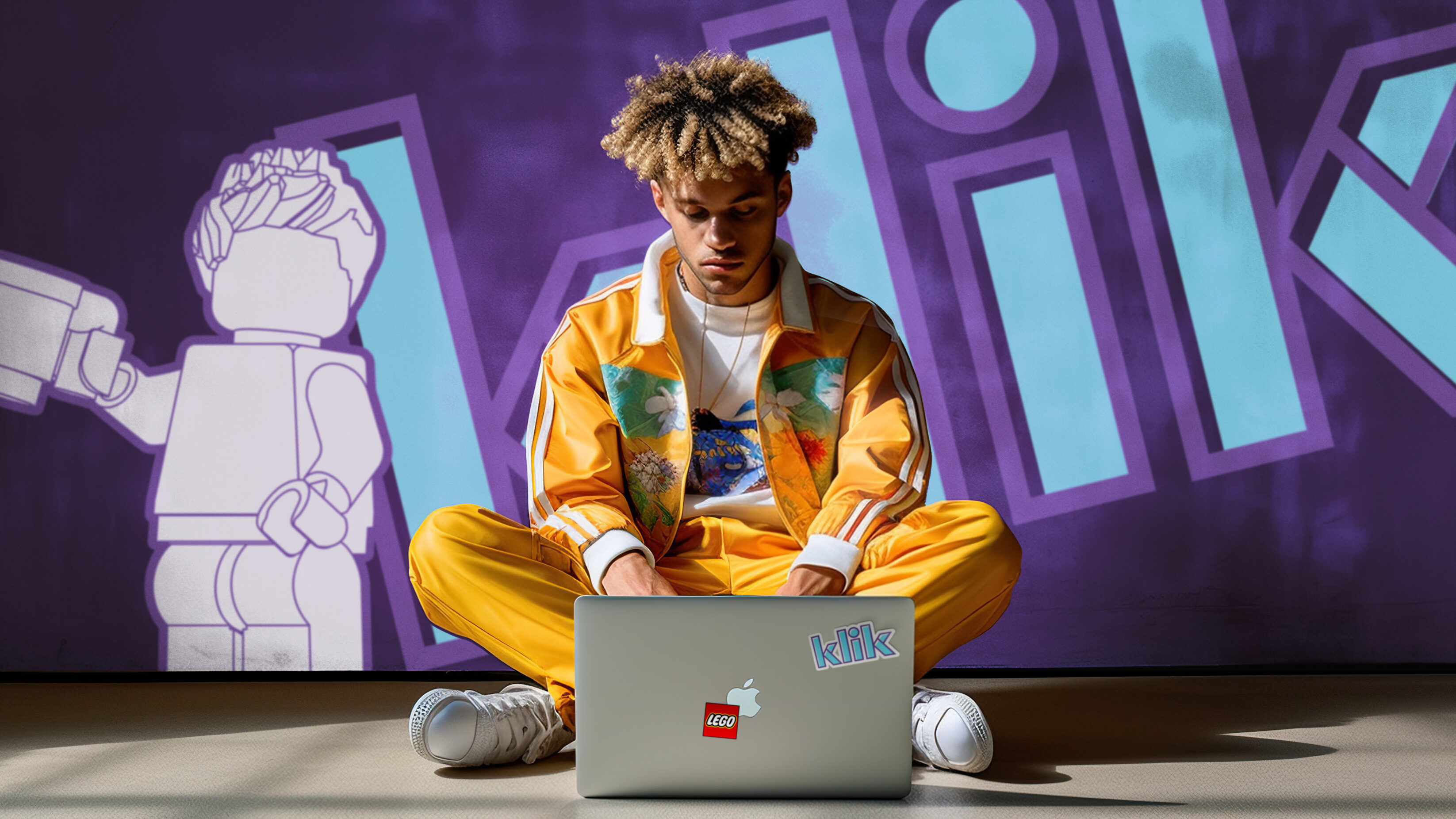 Young male using a laptop, with LEGO and KLIK stickers on it, sitting in front of a KLIK branded wall with a LEGO minifigure and large logo