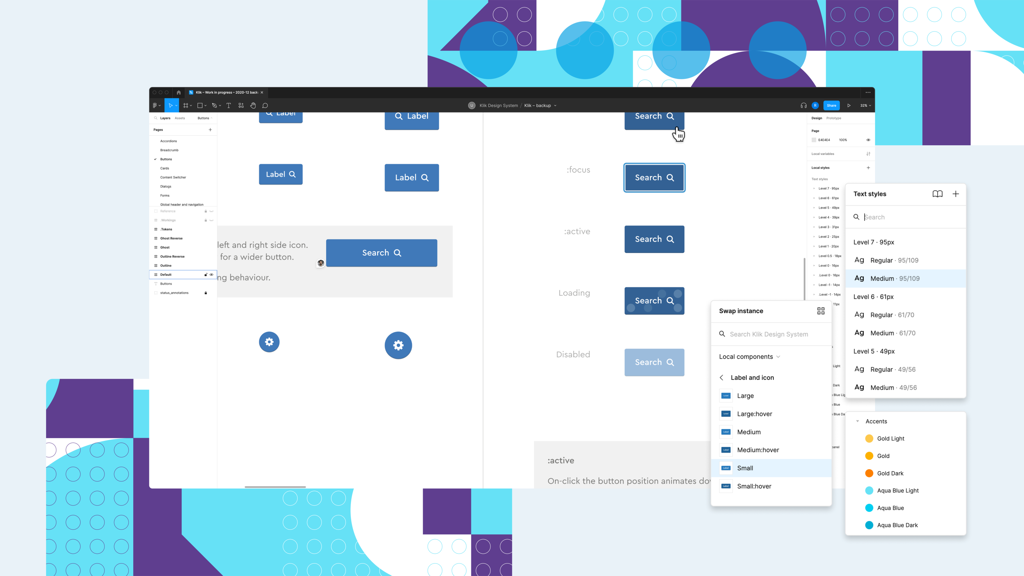Components of the KLIK UI design system, highlighting the search button specifications