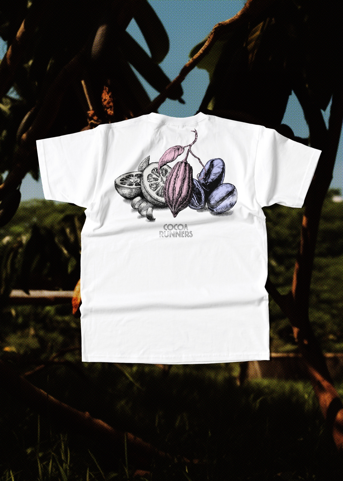 Back of a white t-shirt, showing a black outline illustration and Cocoa Runners logo