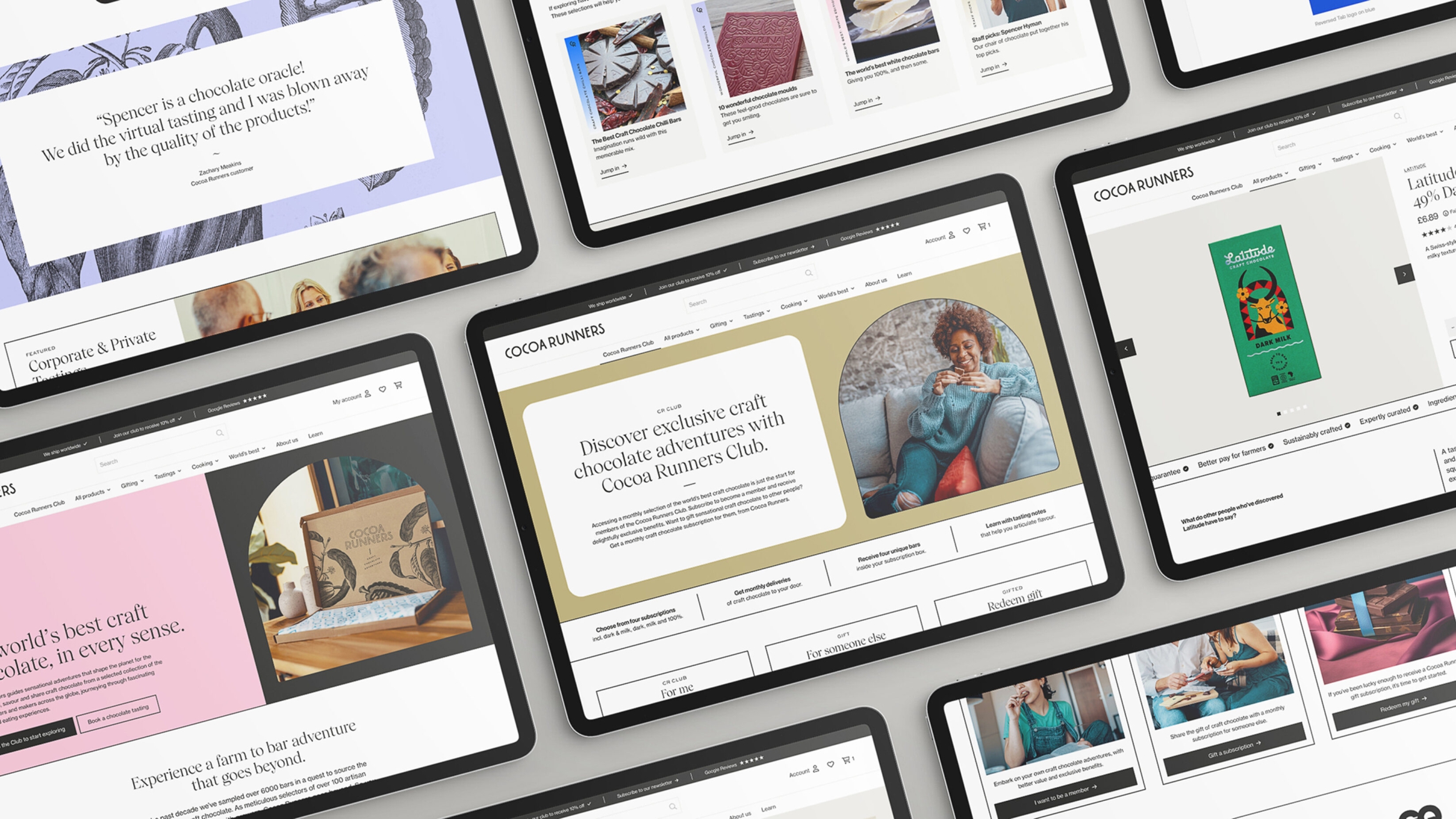 The Cocoa Runners website displayed on numerous iPads, showing the range of pages on offer.
