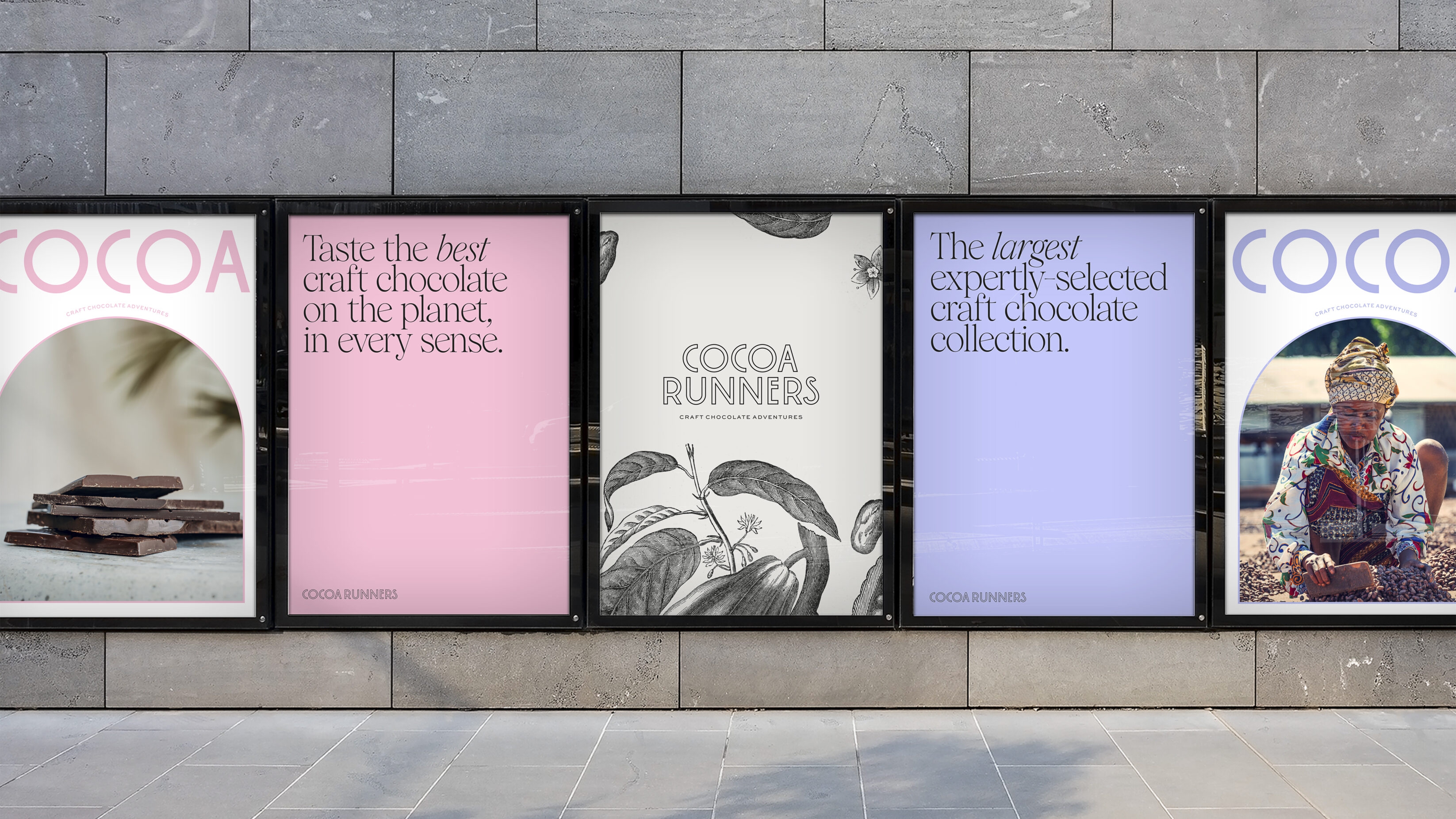 Typographic and images in the custom brand shapes, displayed on a set of outdoor banners.