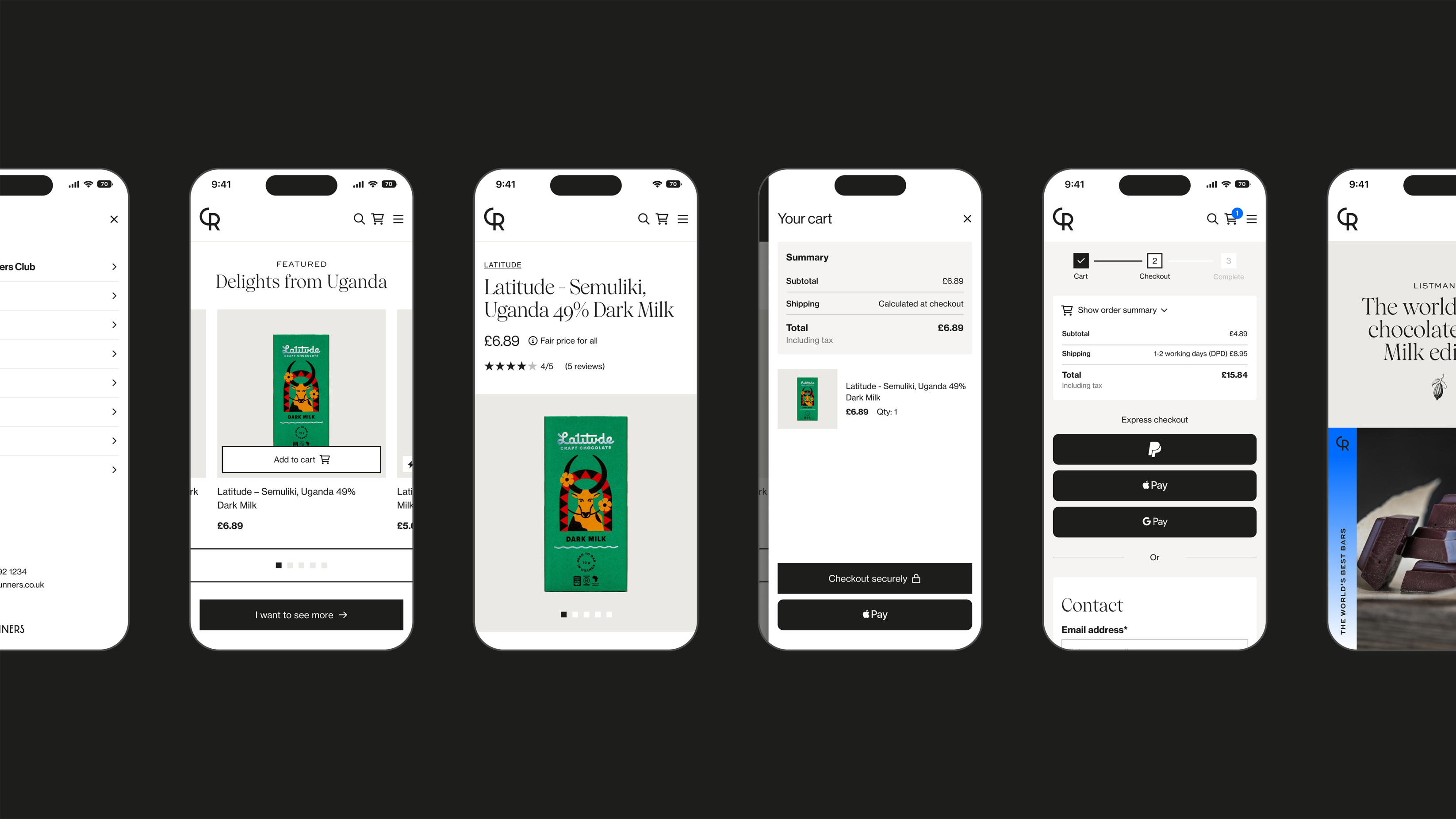 Visuals of the purchasing process, shown over four phone screens.