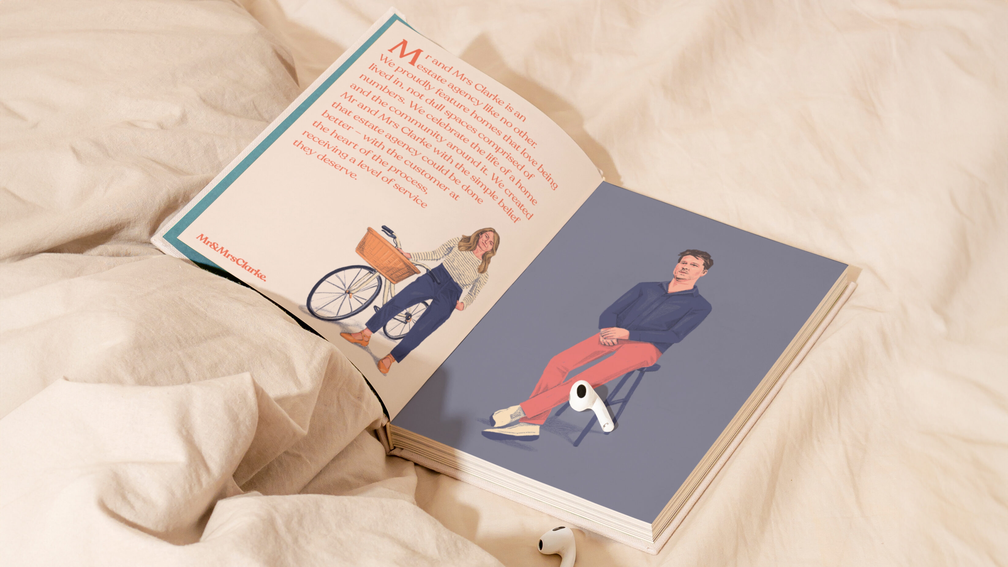 Brochure spread, showing the brand illustration style, typography and colour palette.