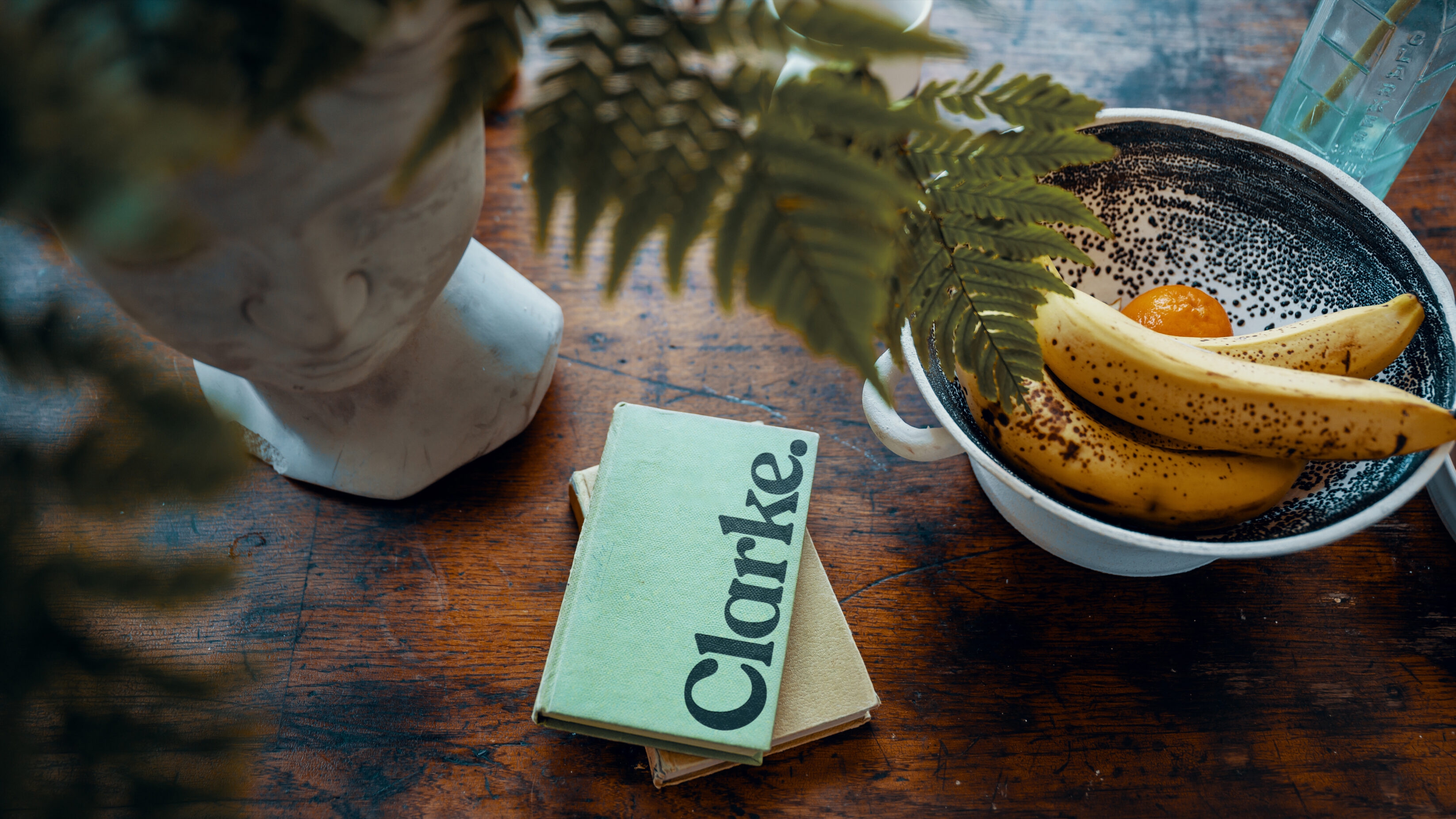 Teal notebook, with a dark blue logo embossed on the cover. The notebook is sitting on a wooden table, next to an appetising bowl of fruit.