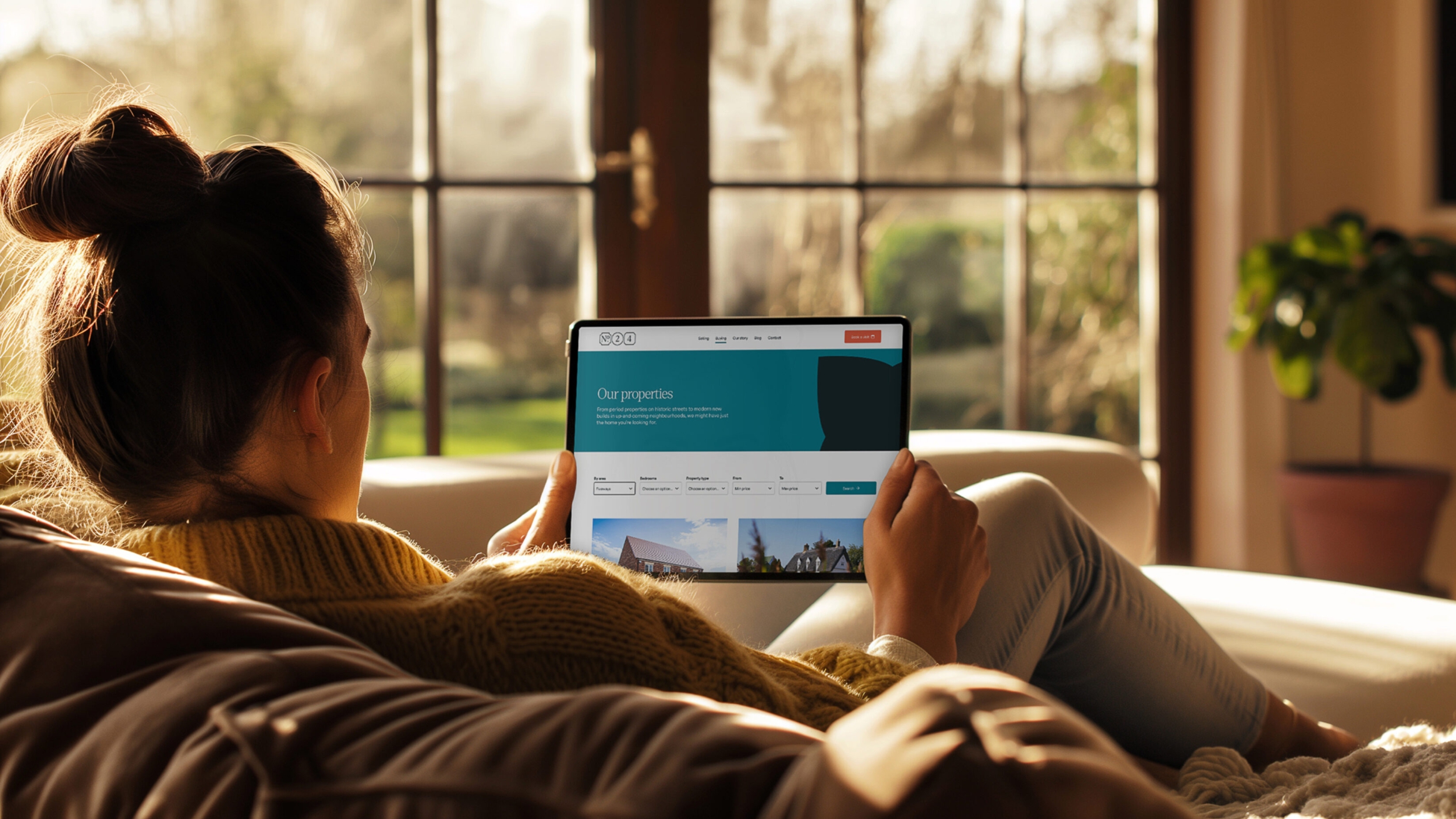 Young woman, looking at the properties pages on the website on an iPad, while relaxing on a comfortable sofa.