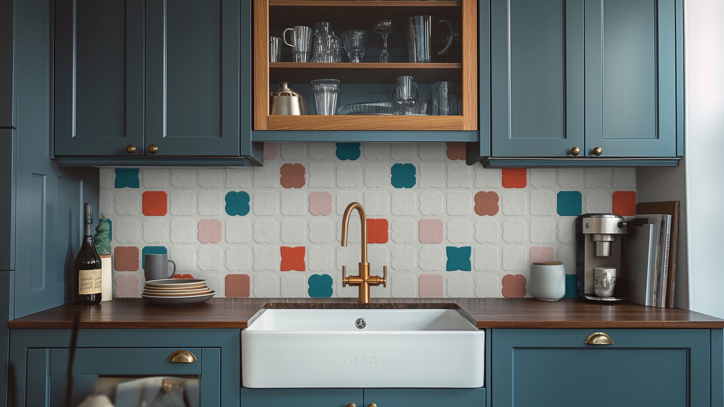 Kitchen sink, with cupboards above, and tiles in the wall using the brand pattern.