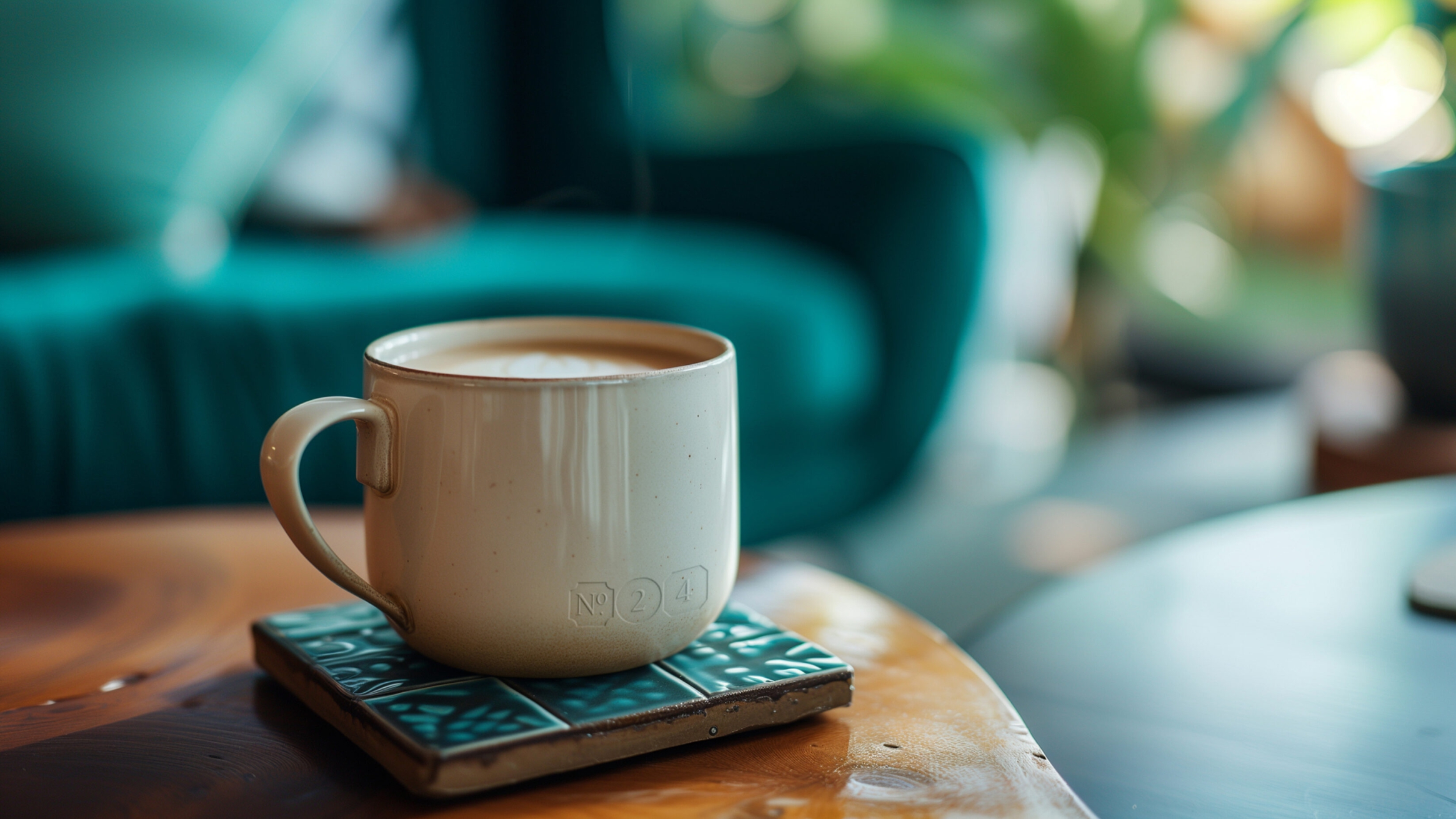 A cream china mug, with the No. 24 logo engraved into it, sitting on a teal square coaster, on a wooden table.