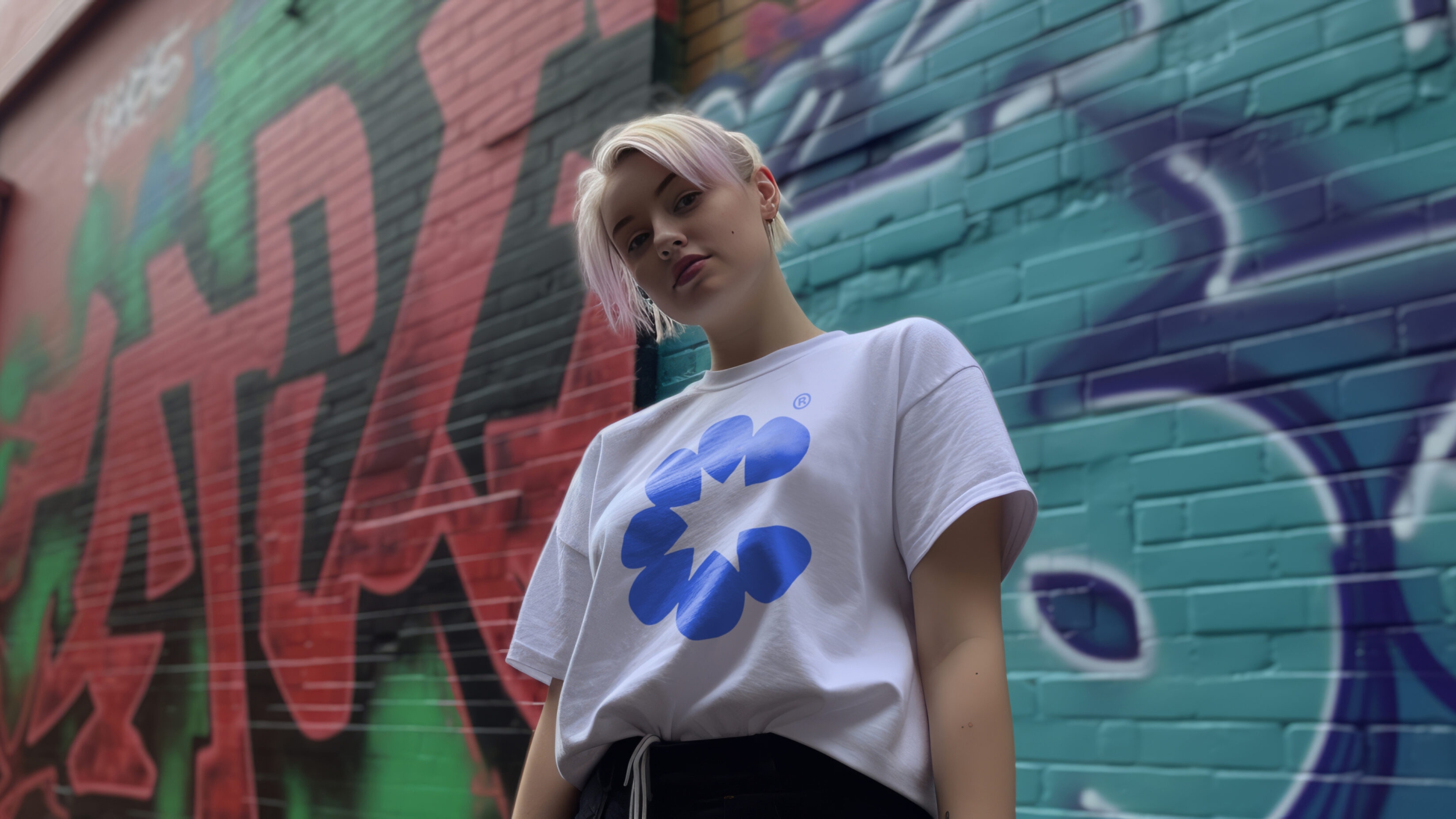 Young woman wearing a white t-shirt, with a large bright blue CorteSport icon on the front. She is standing in a alleyway with graffiti in the wall behind her.