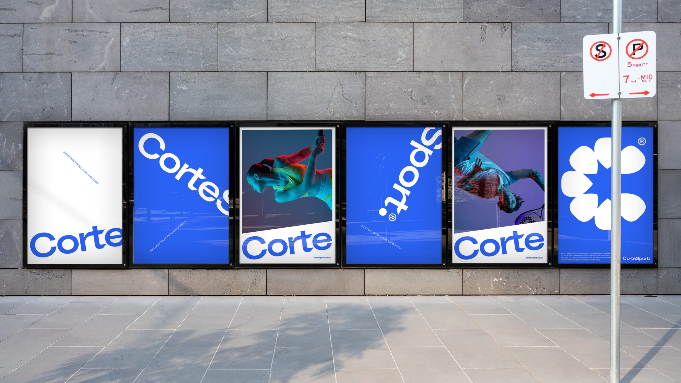 Series of digital posters, with a mixture of angled CorteSport logos and padel images.