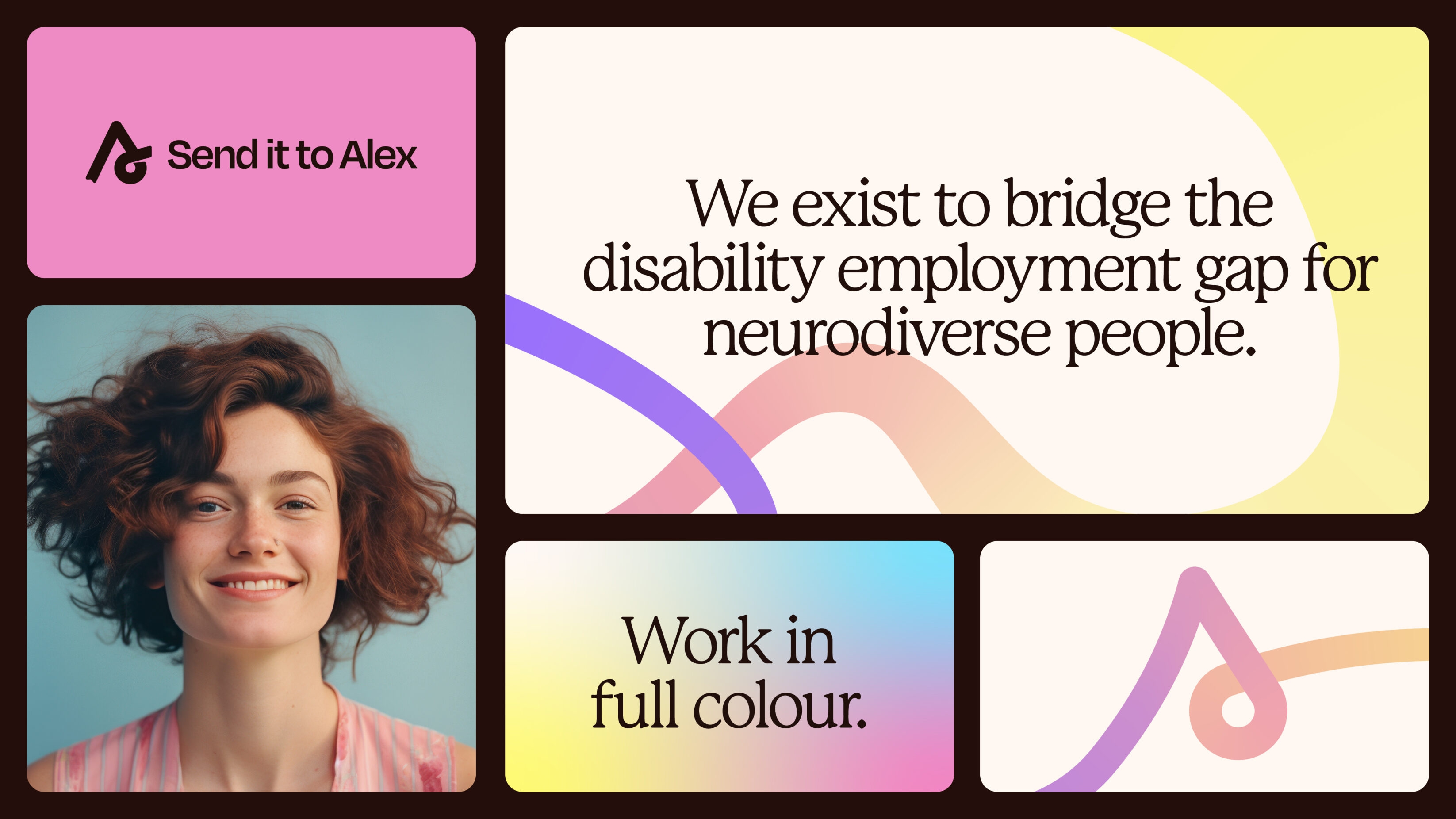 A group of brand elements, from type only examples, to a portrait image of a young woman smiling.