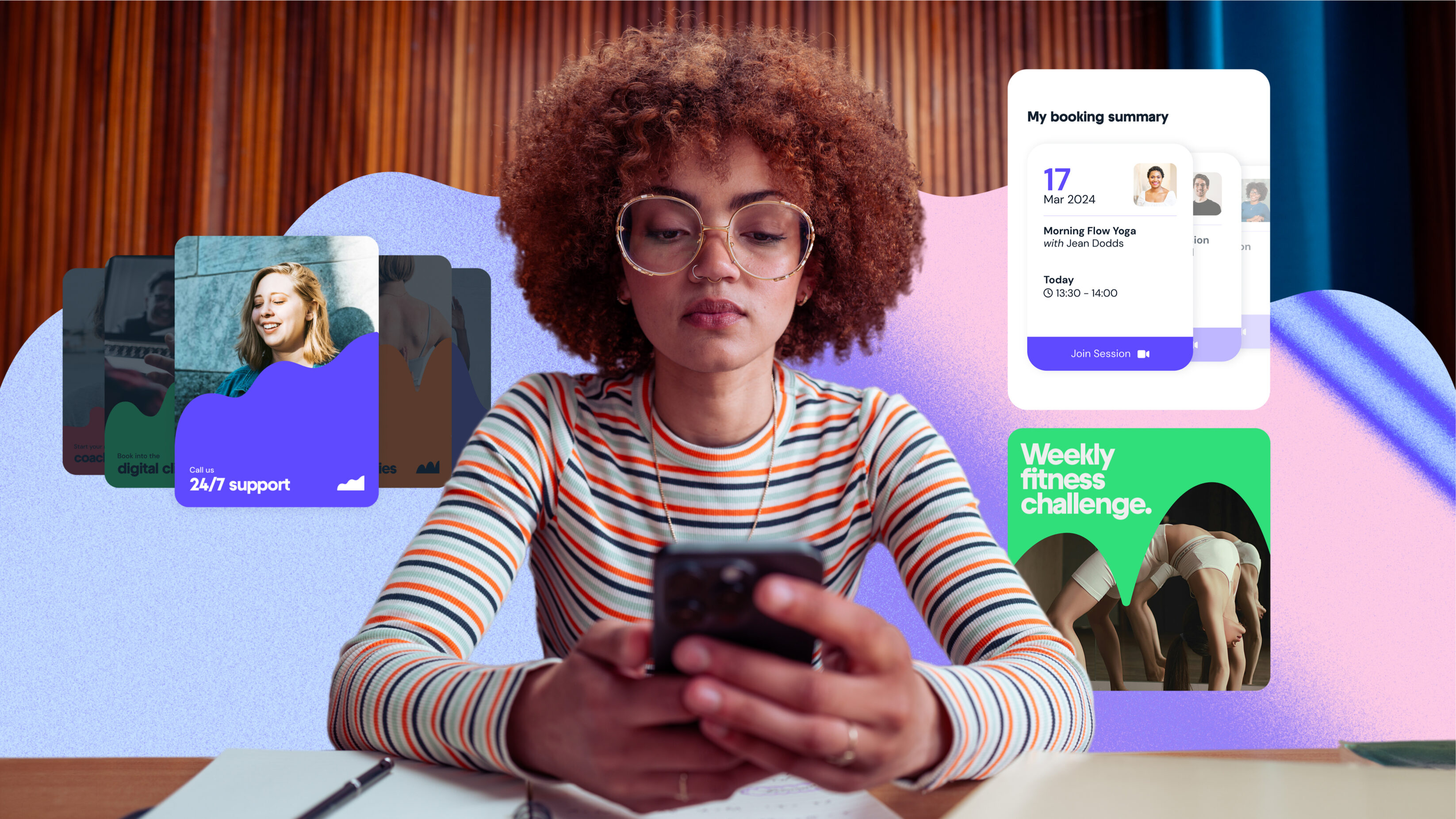 girl on spectrum app on phone with spectrum UI screenshots all around