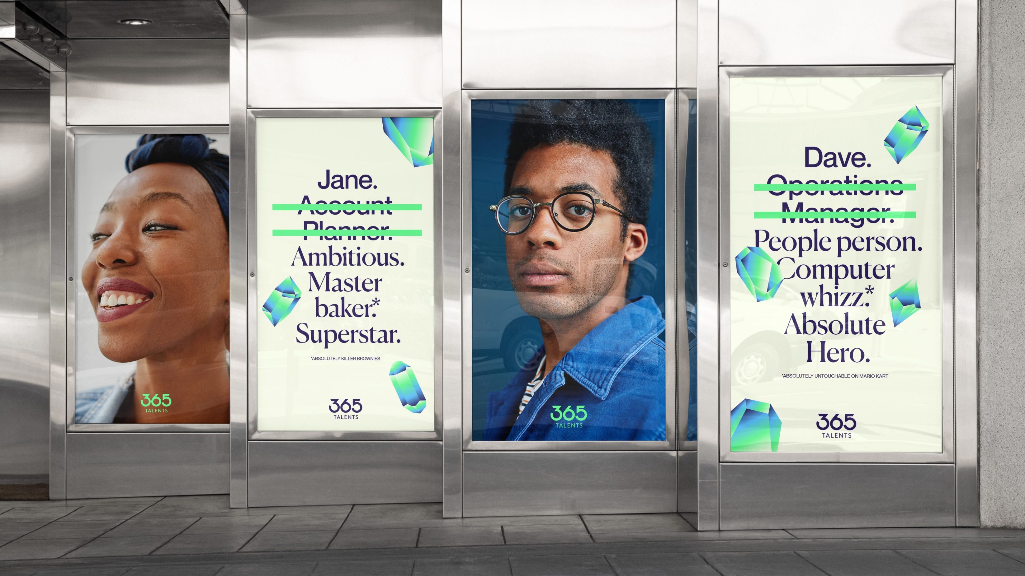 Two sets of two street-facing branded billboards, the first from each pair featuring a portrait of the person and the second headlining the individual's name and unique personal qualities with their job-titles crossed out.