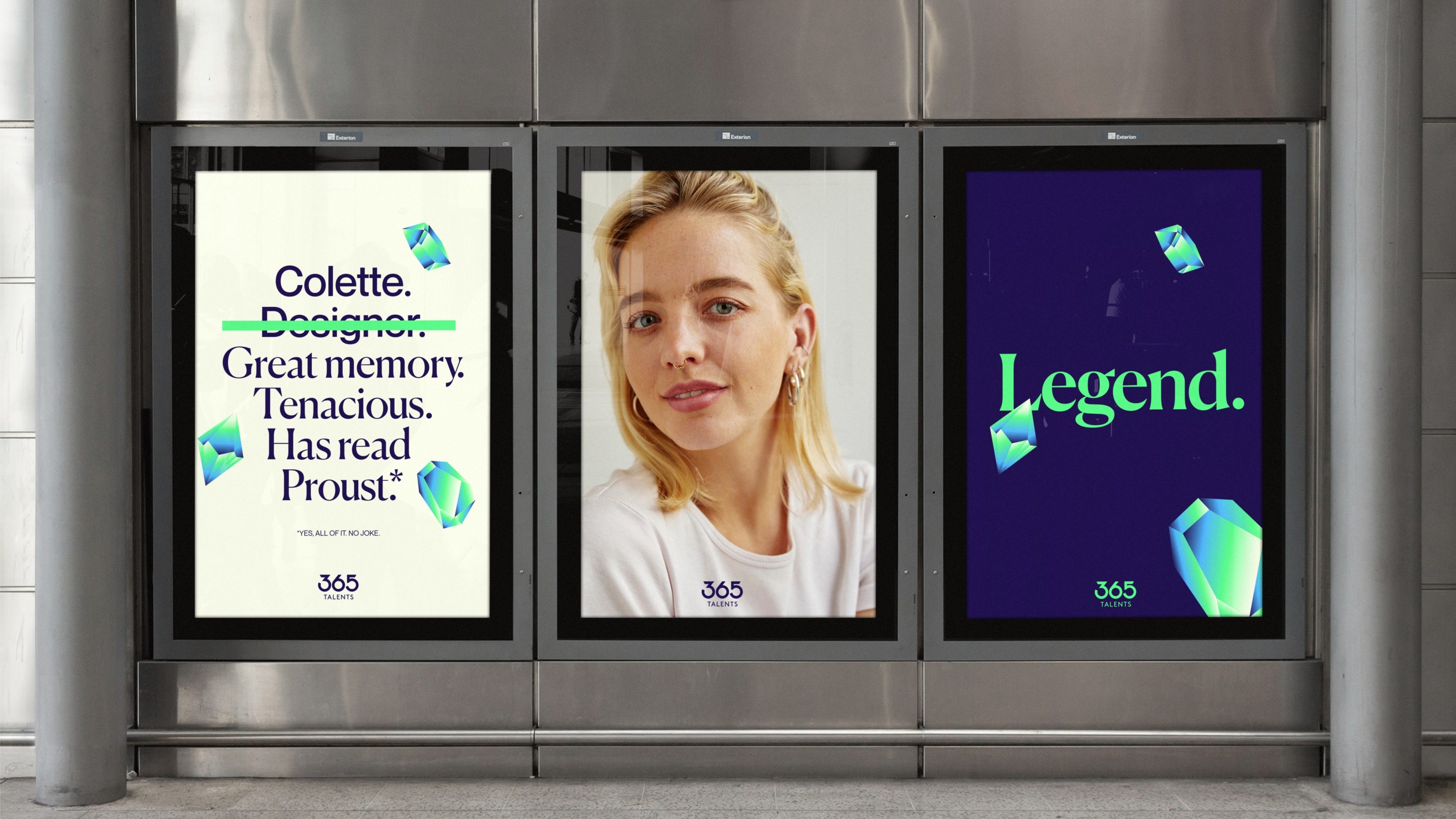 A triad of billboards focusing on a single individual, Colette. On the left, her name and personal qualities such as ‘great memory’ and ‘tenacious’ have been listed with her job title of designer crossed out. In the middle is her portrait and on the right is the singular word ‘legend’.